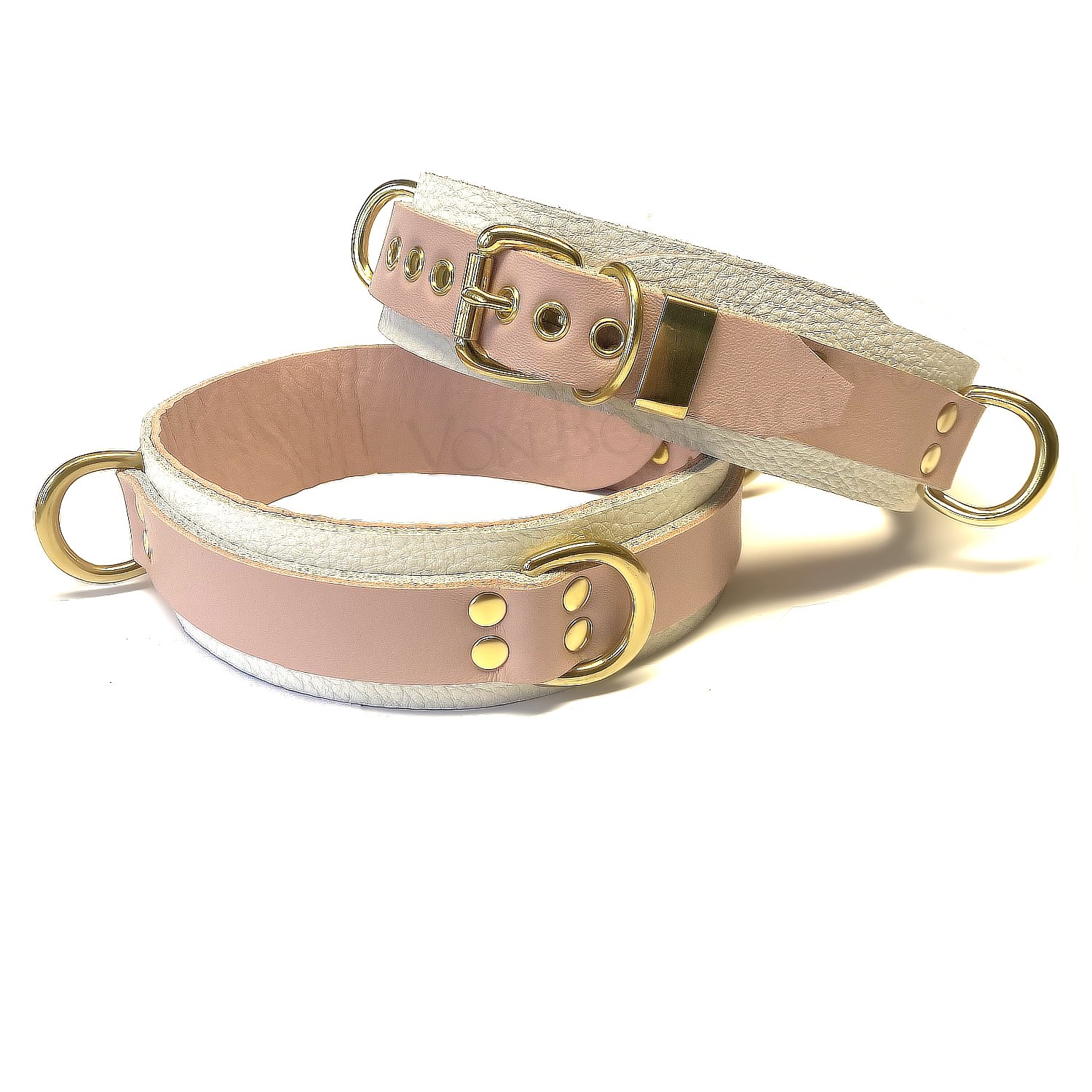 Pink &amp; White Leather Thigh Restraints with Brass D-rings