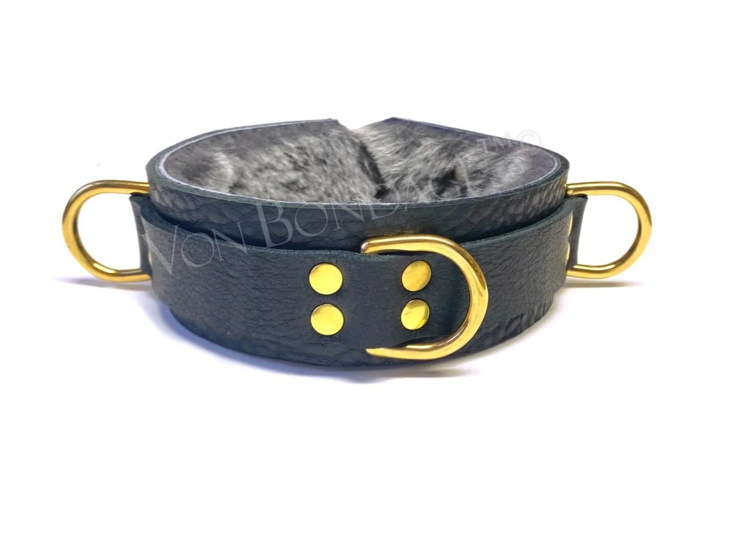 Fur lined BDSM Collar black leather gray sheepskin