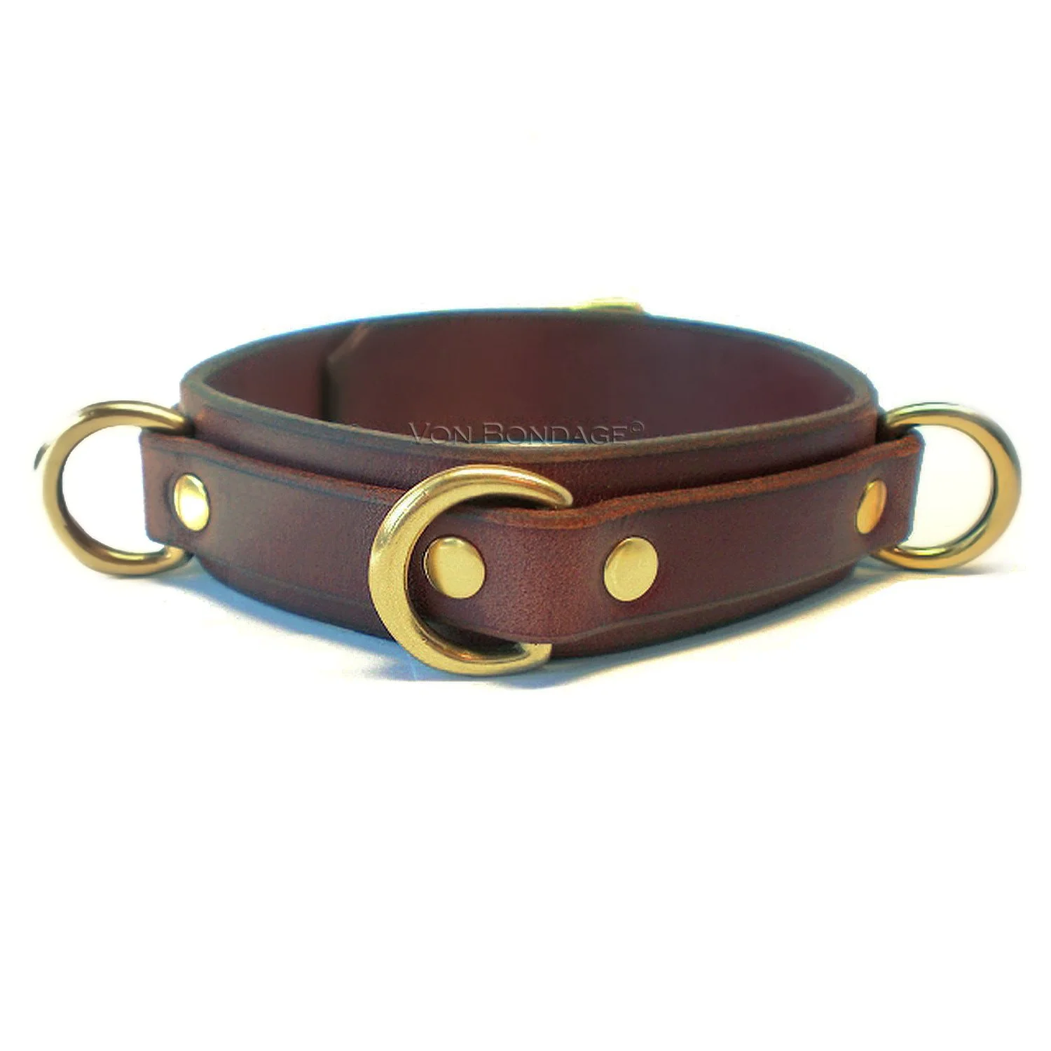 Brown Leather slave Collar with 3 brass dee rings