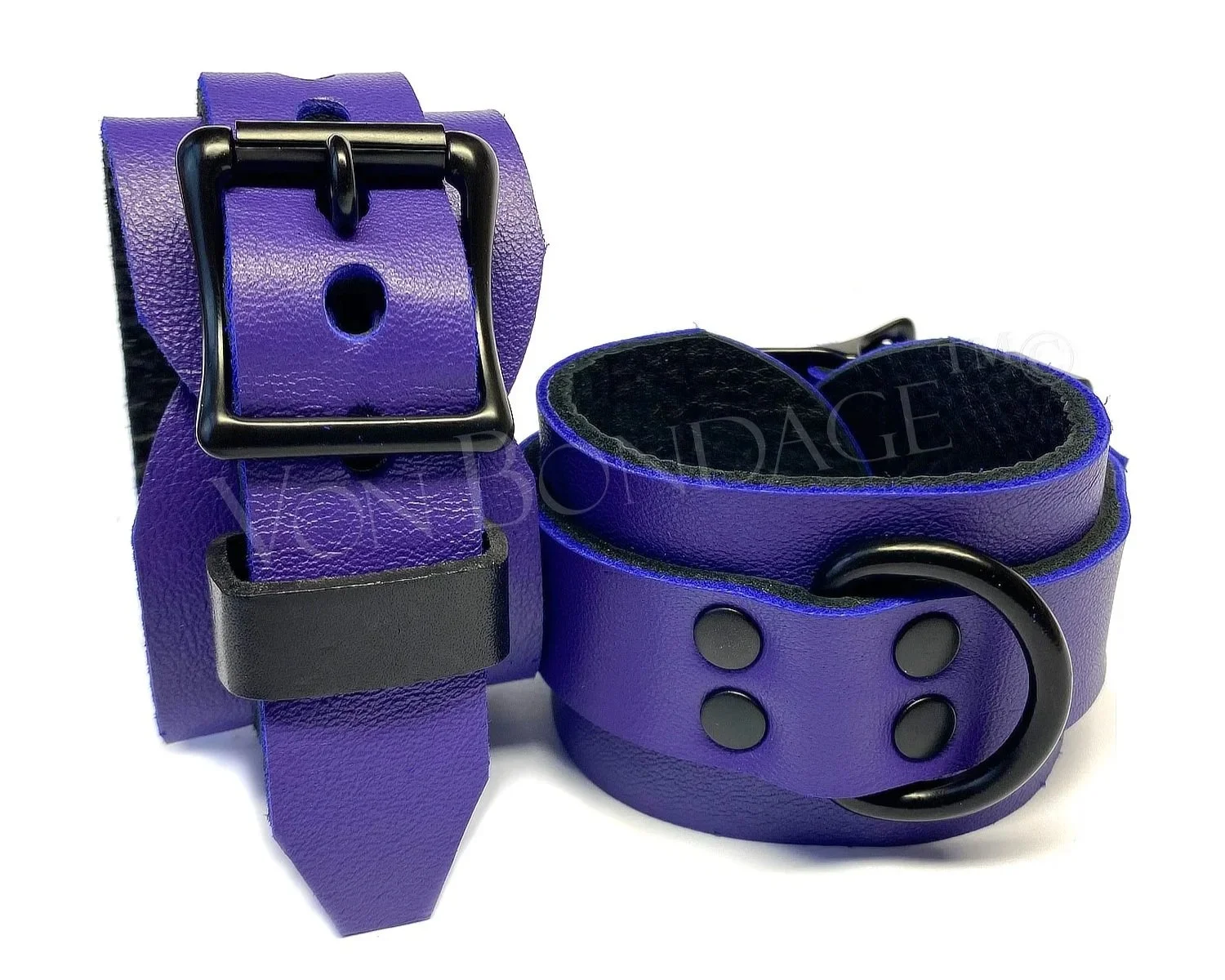 Purple Leather Restraints with Black D-Rings dbl rivets
