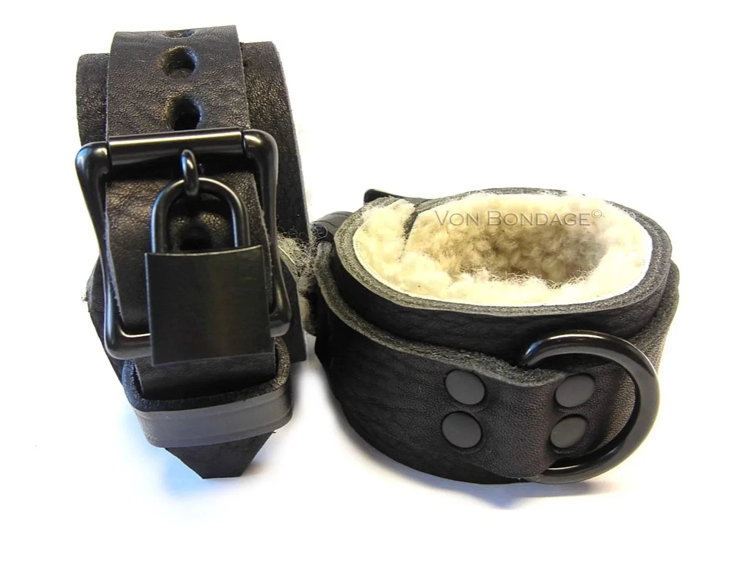 Black Leather & Curly Beige Sheepskin BDSM Restraints with Black Dee Rings