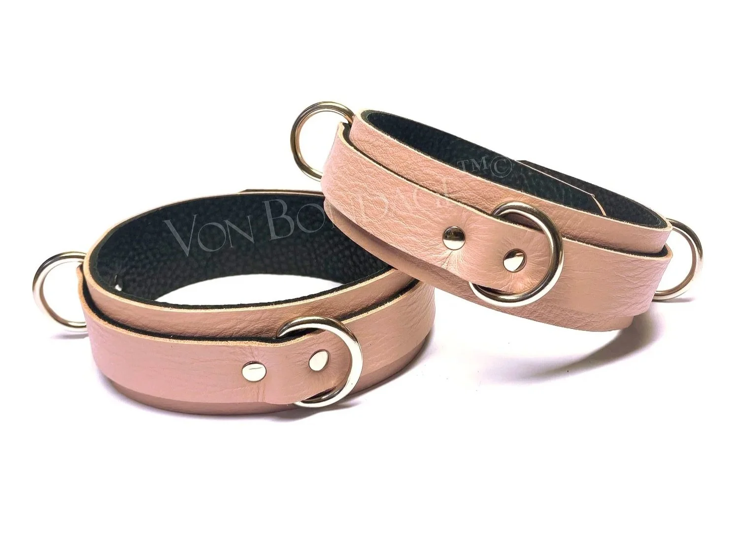 Pink Leather Thigh Cuffs with 3 D-rings per cuff