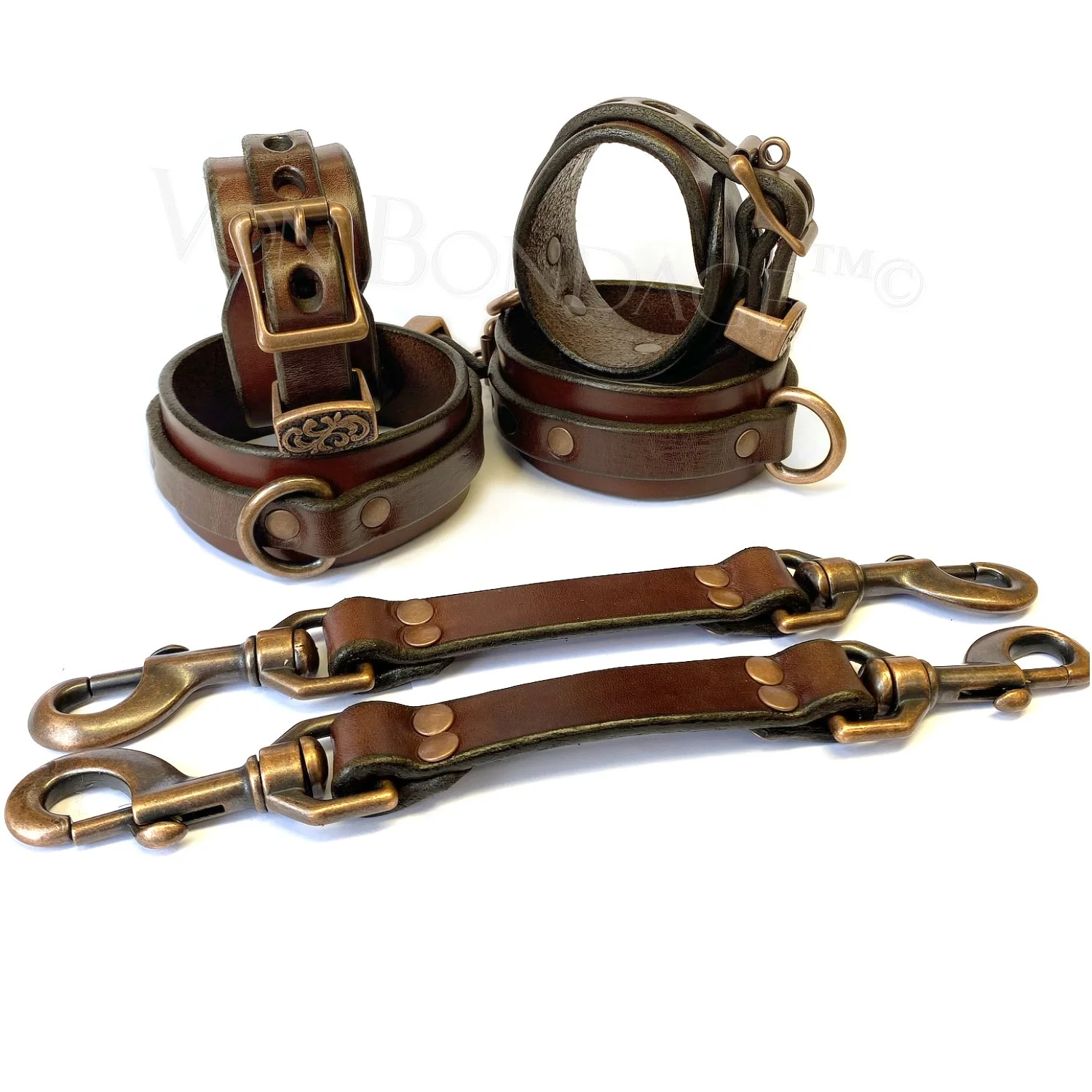 6 pc Brown Leather BDSM Restraints Set with Straps in Copper
