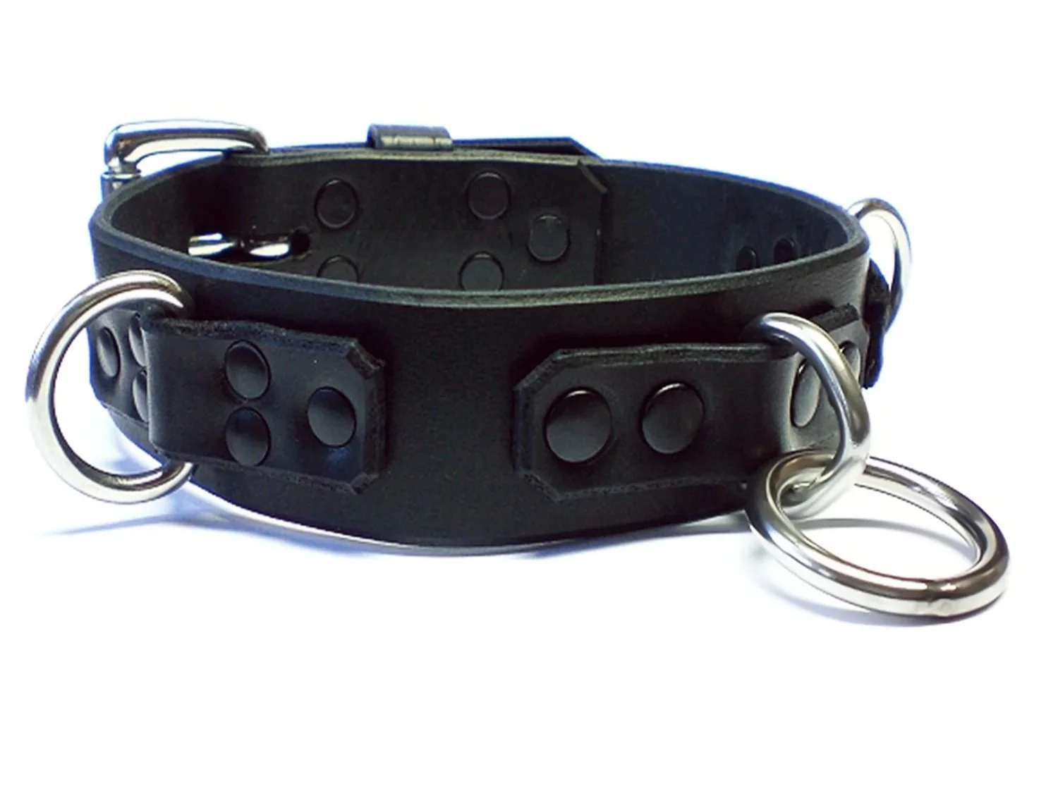 Black Leather Bondage Collar with stainless steel D-rings and bondage ring