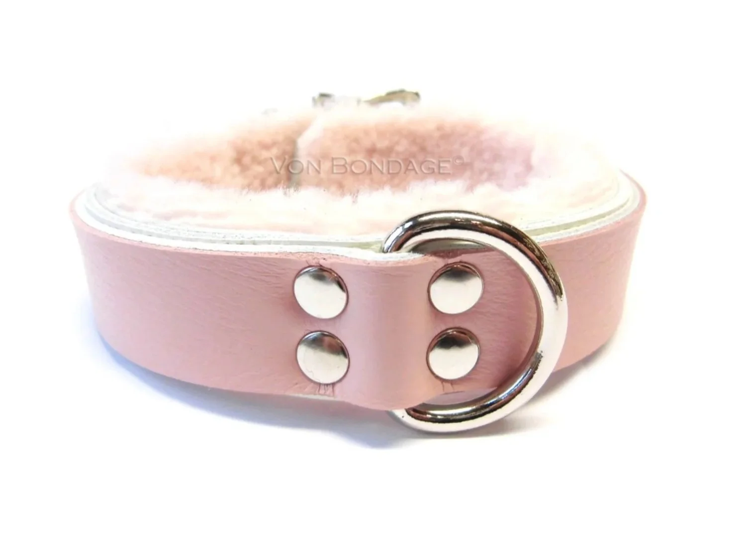 Pink Narrow Fur-lined slave Collar with Strong Dee Ring