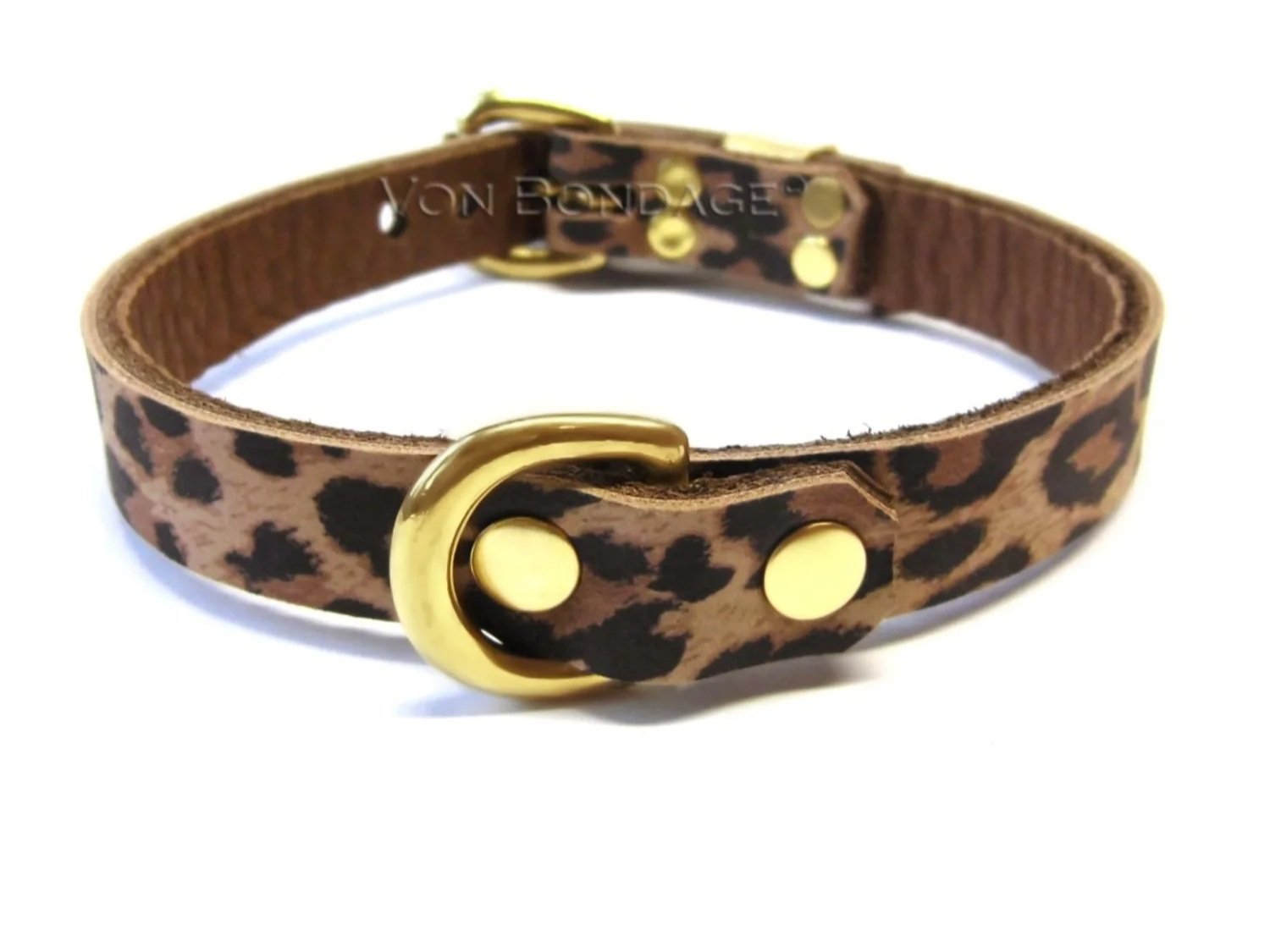 Leopard Print Leather slave Collar with 5'8 Brass Dee Ring