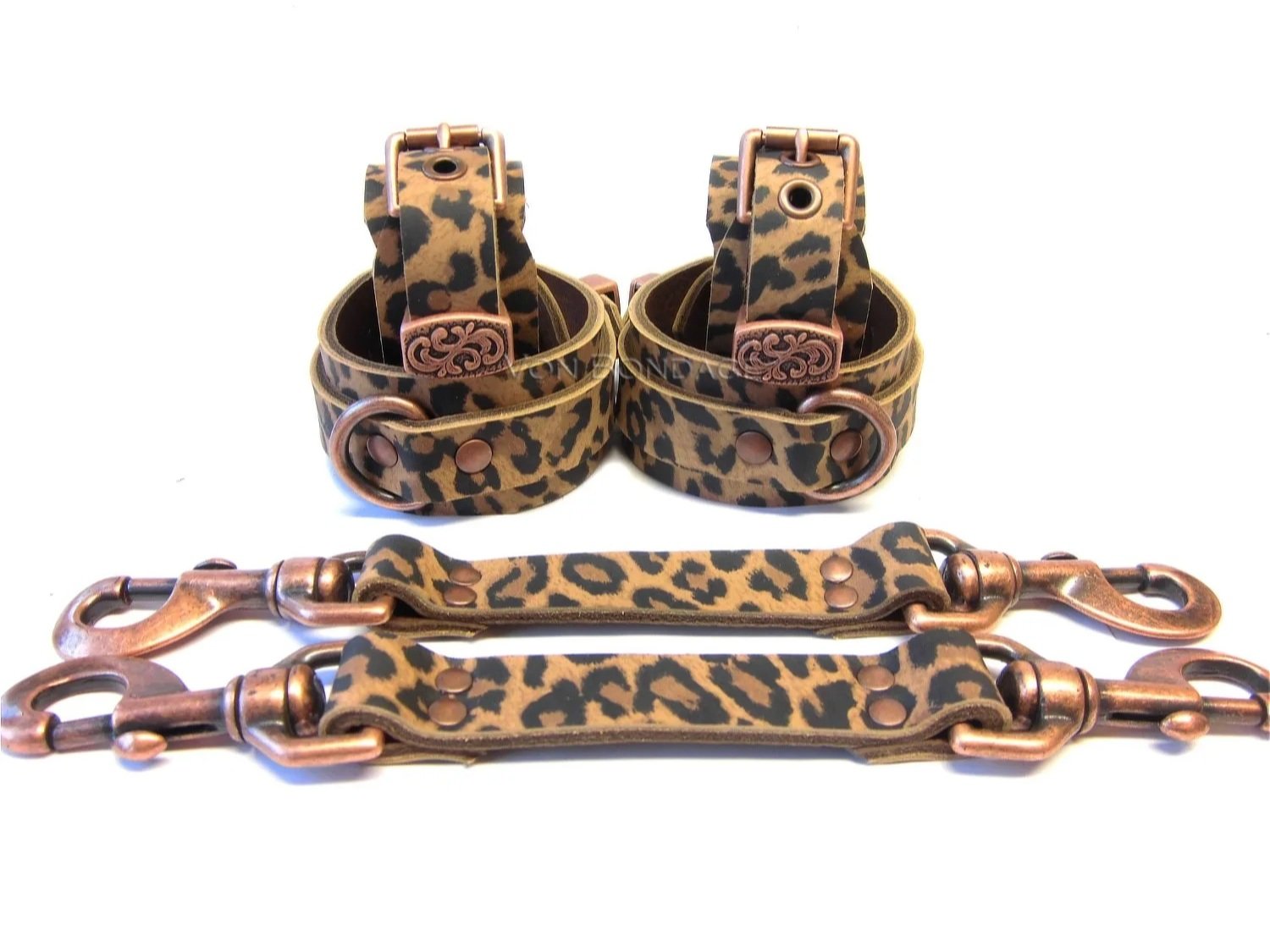 Leopard Print Leather BDSM Restraints Set with Bondage Straps in Copper