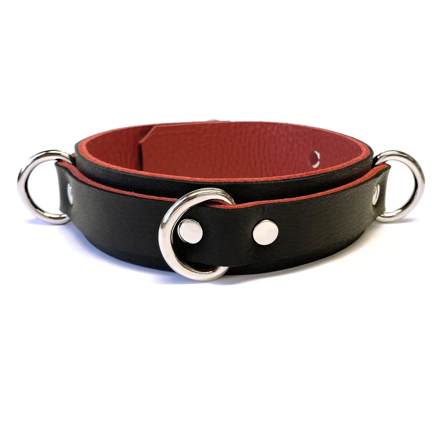Narrow Soft Black &amp; Red slave Collar with 3 Dee Rings