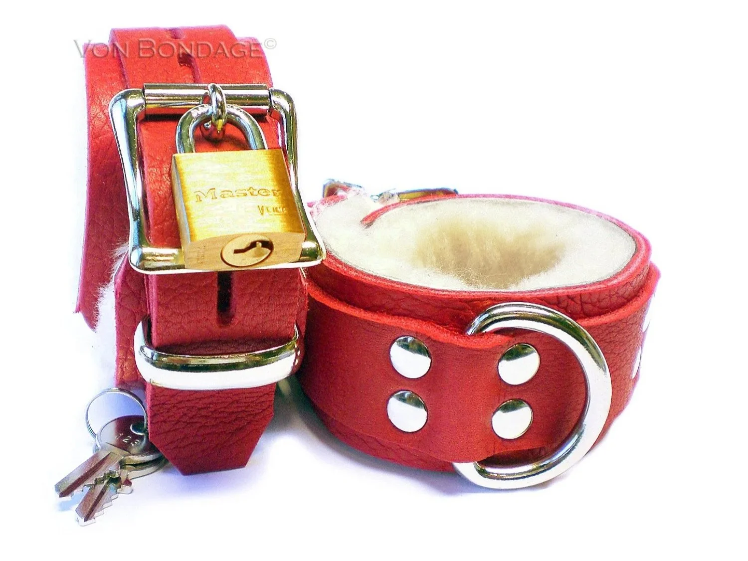Pair of Lockable Red Bullhide Leather Restraints lined in White Sheepskin Fur