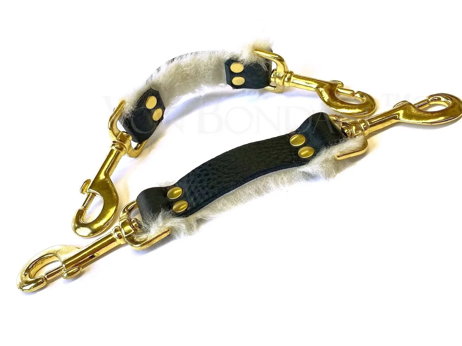 Pair of BDSM Straps Brass Bolt Snaps White Fur Black Bullhide