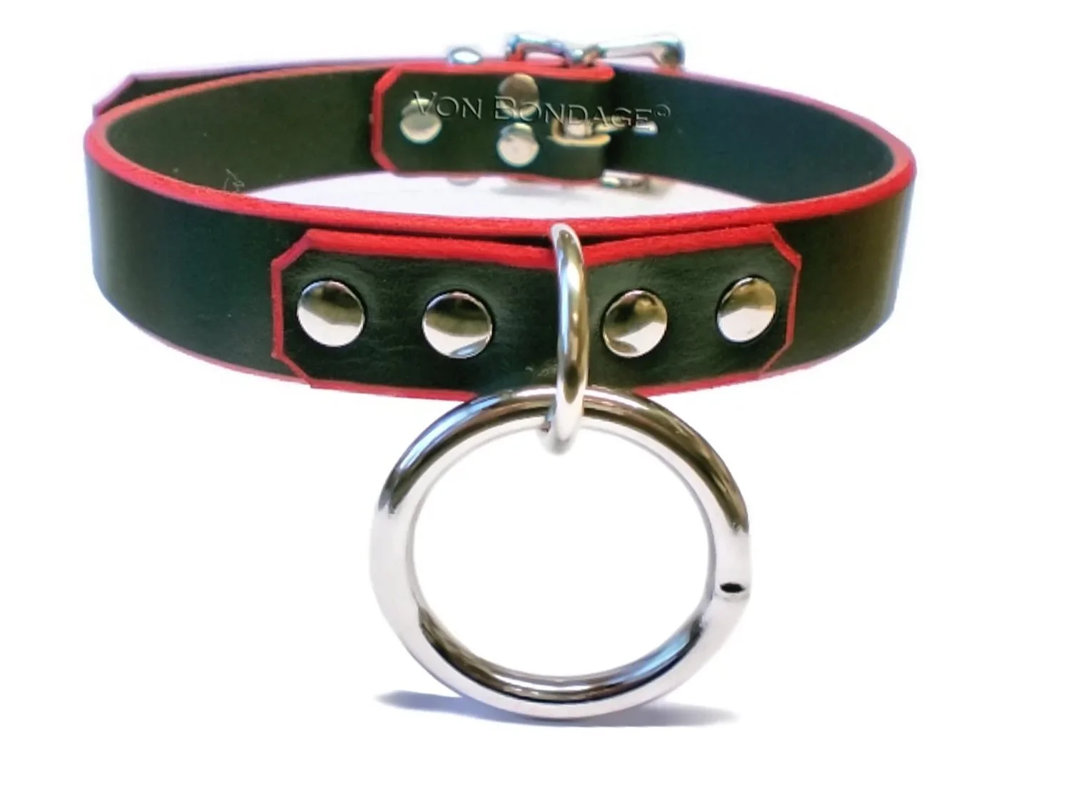 Black Leather BDSM Collar with Red Edges and Large O-ring