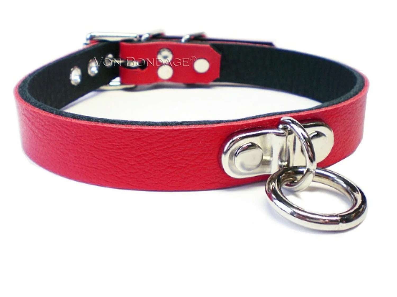 Red Leather BDSM Collar with Plated Ring