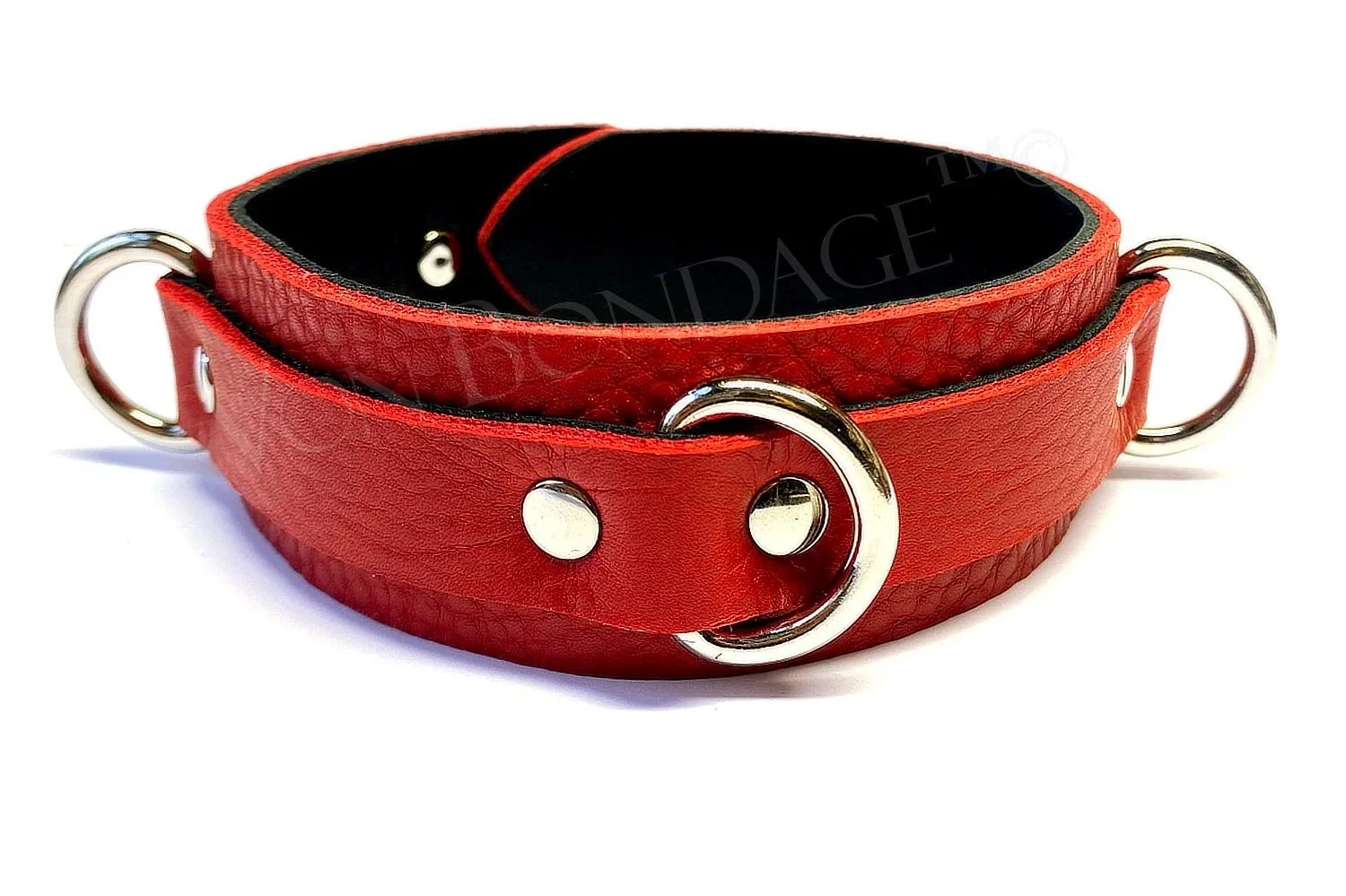 Red Leather BDSM Collar with 3 D-rings