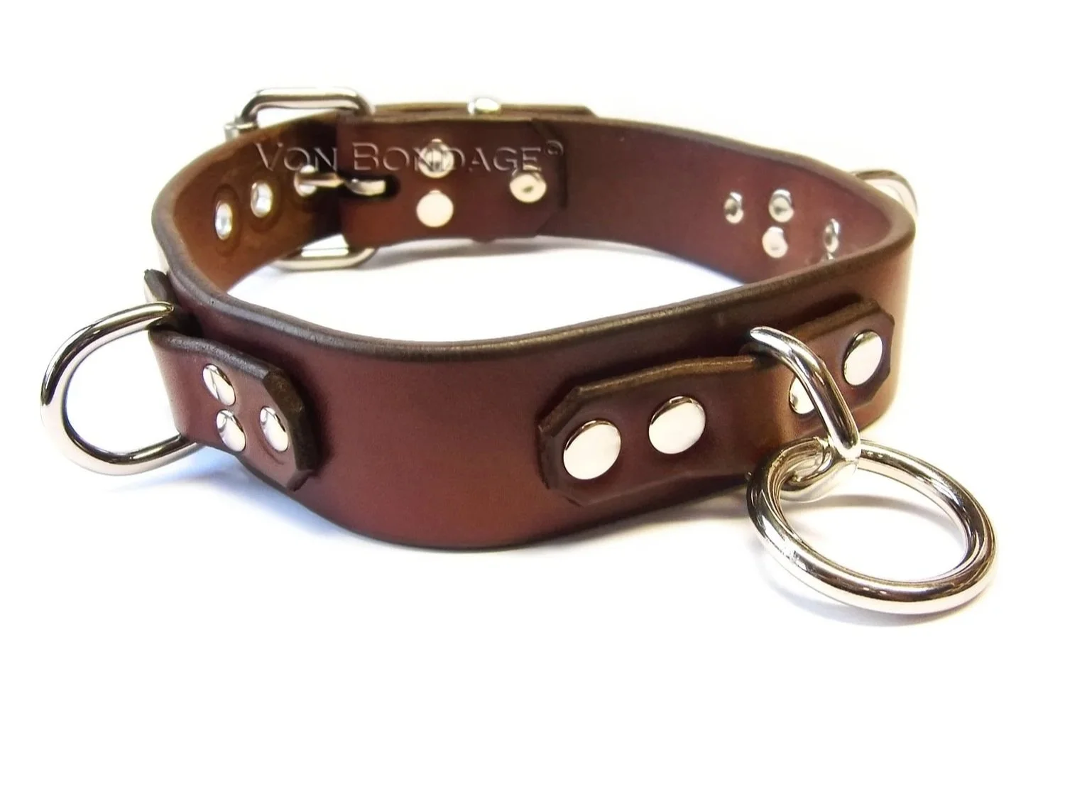 Brown Leather BDSM Collar with Bondage Ring and D-rings