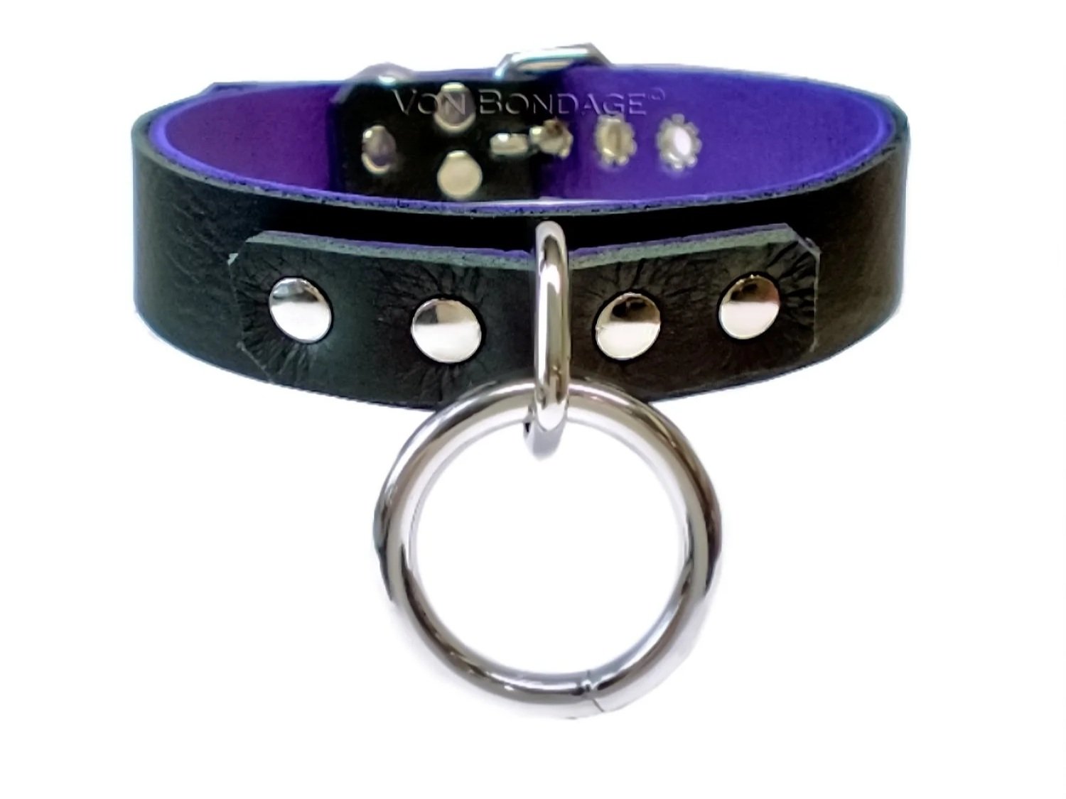 Black & Purple Leather BDSM Collar with Large O-ring