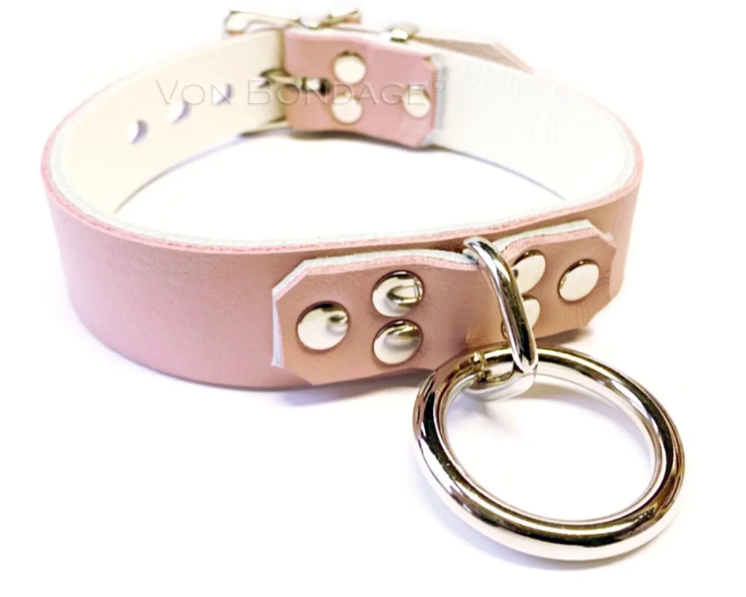 Pink & White Leather BDSM Collar with Strong Bondage Ring