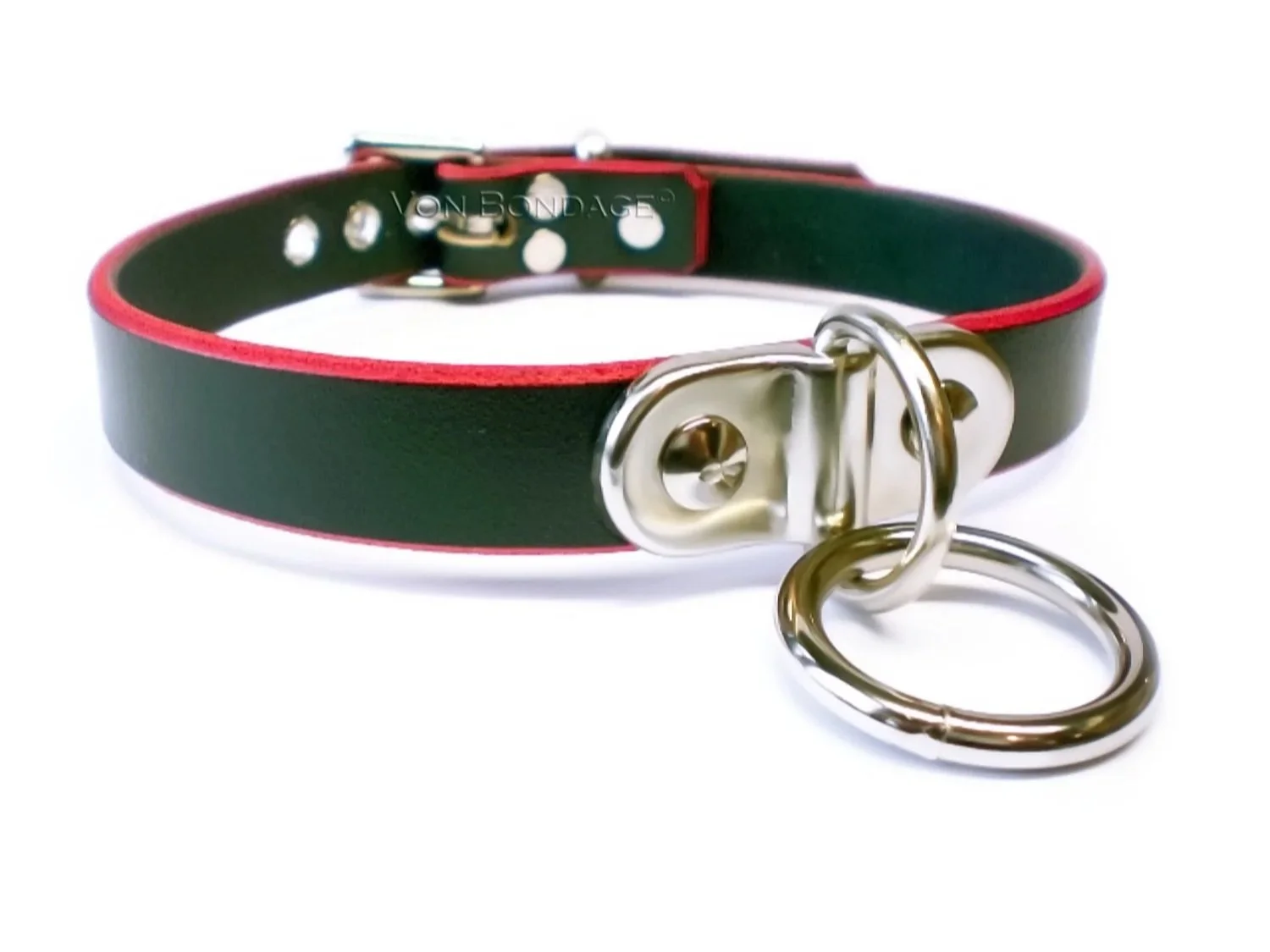Black Leather BDSM Collar with red edges and a plated D&O Ring