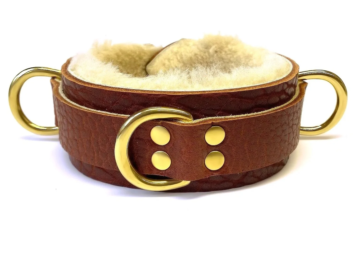 Brown Bison Leather BDSM Collar lined in cream sheepskin fur