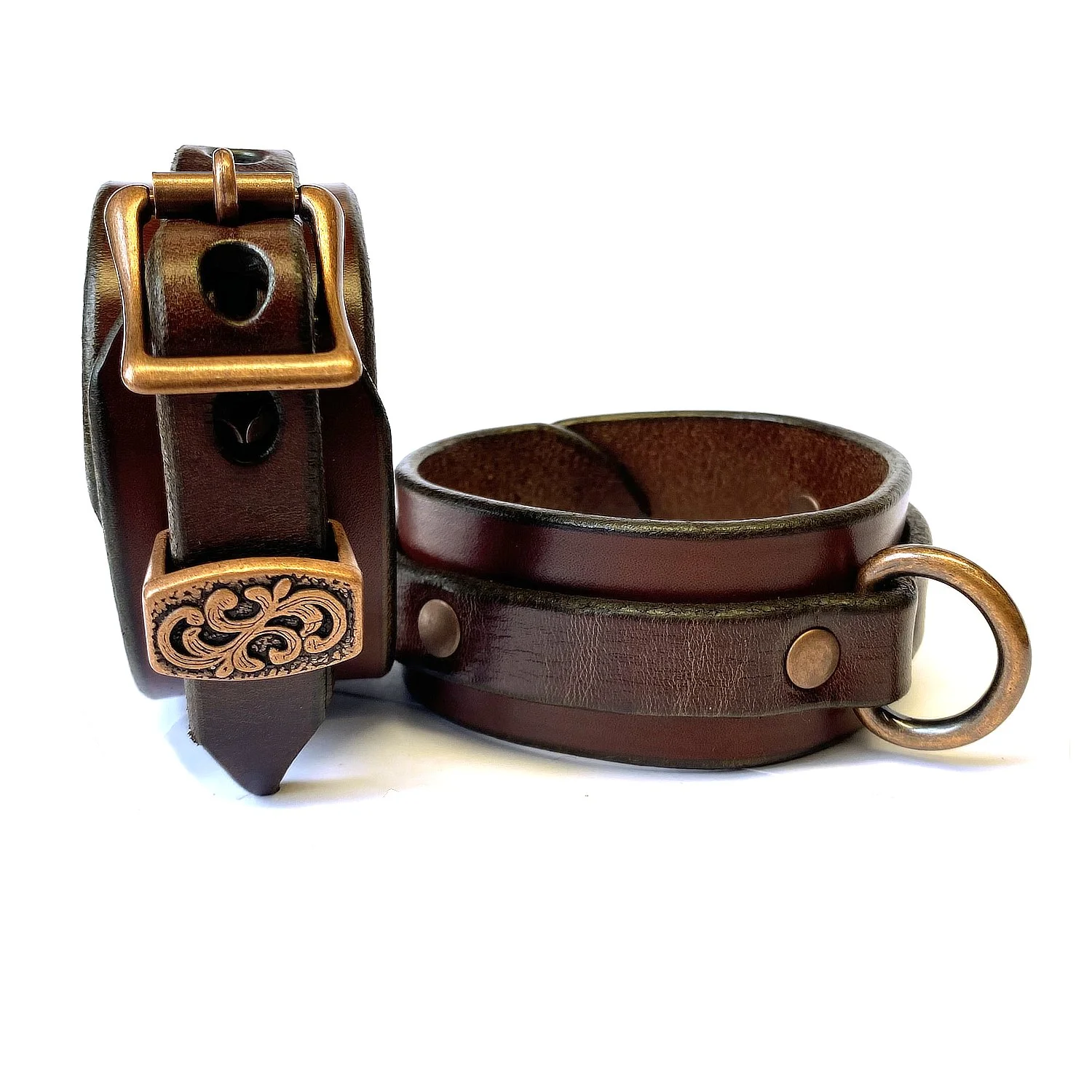 Brown Leather Restraints with Copper D-rings