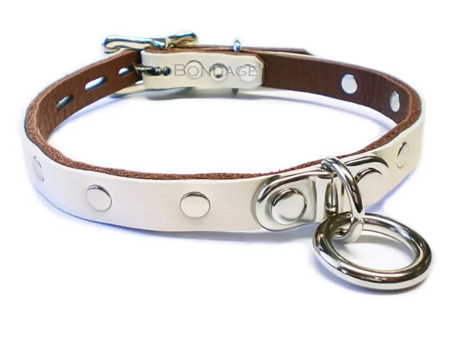 Discreet BDSM Day Collar with Plated Ring & Rivet Studs in white leather