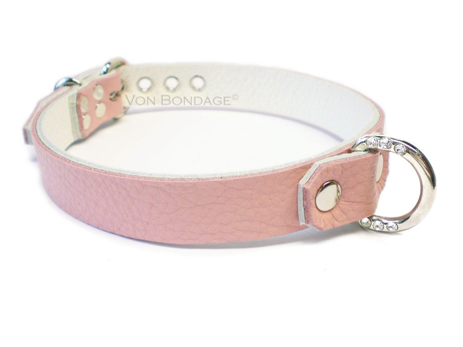 Light Pink Lockable Leather Collar with Rhinestone Dee Ring