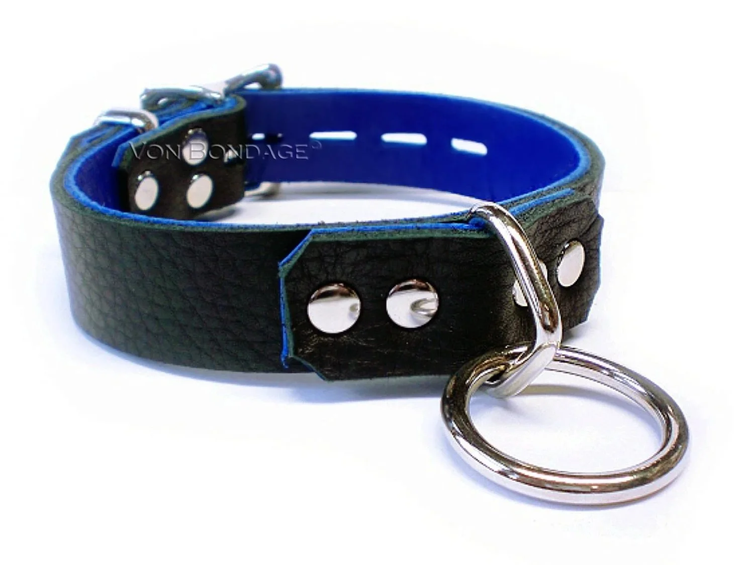 Soft Black & Blue Lockable BDSM Collar with medium bondage ring