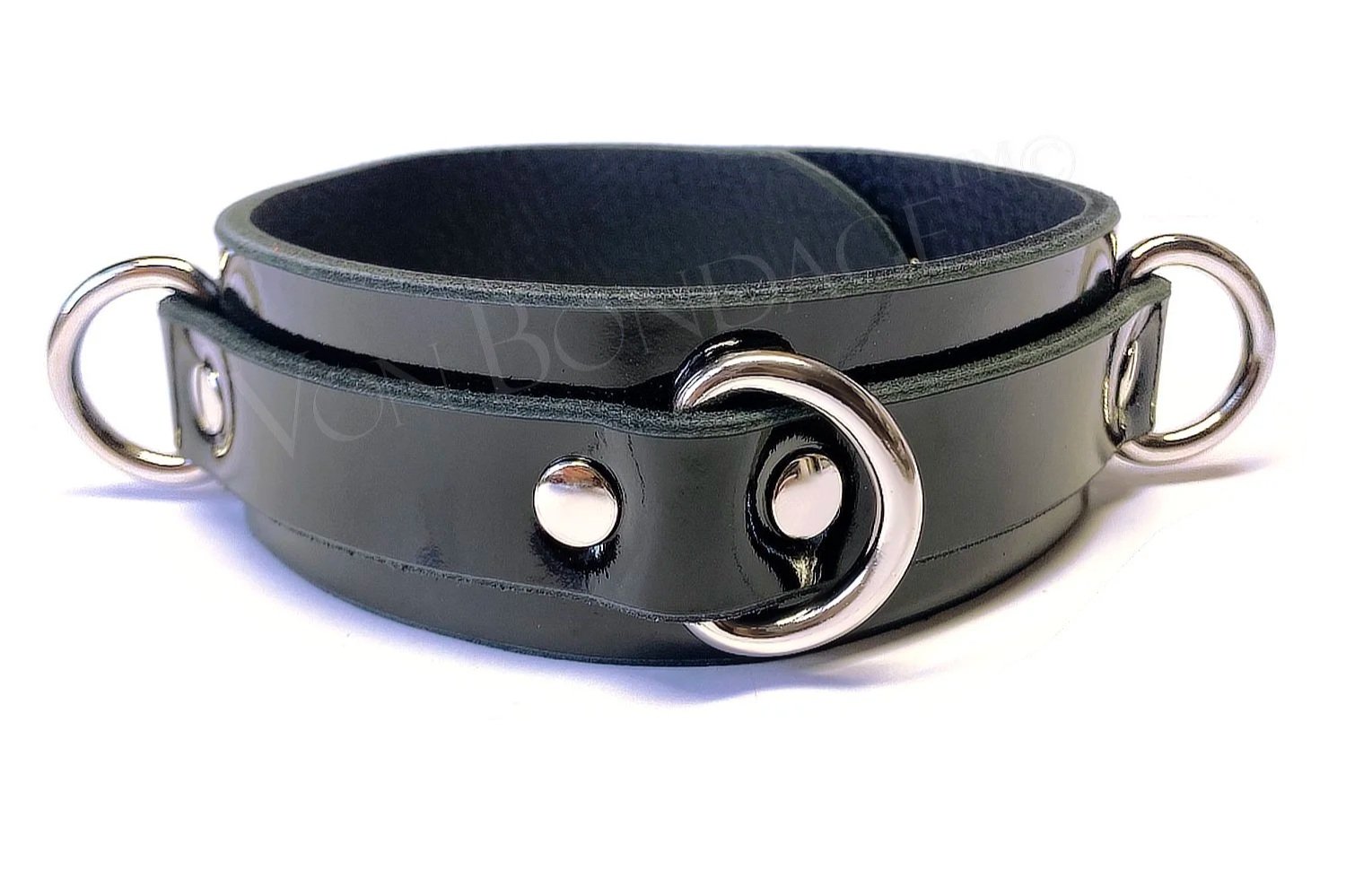 Black Patent Leather BDSM Collar with 3 D-rings