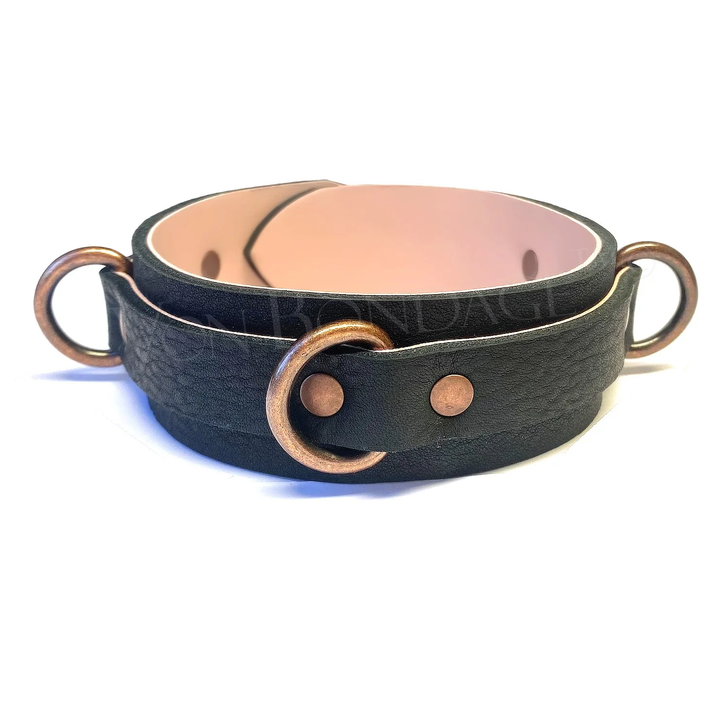 Leather BDSM Collar lined in pink lambskin with copper d-rings