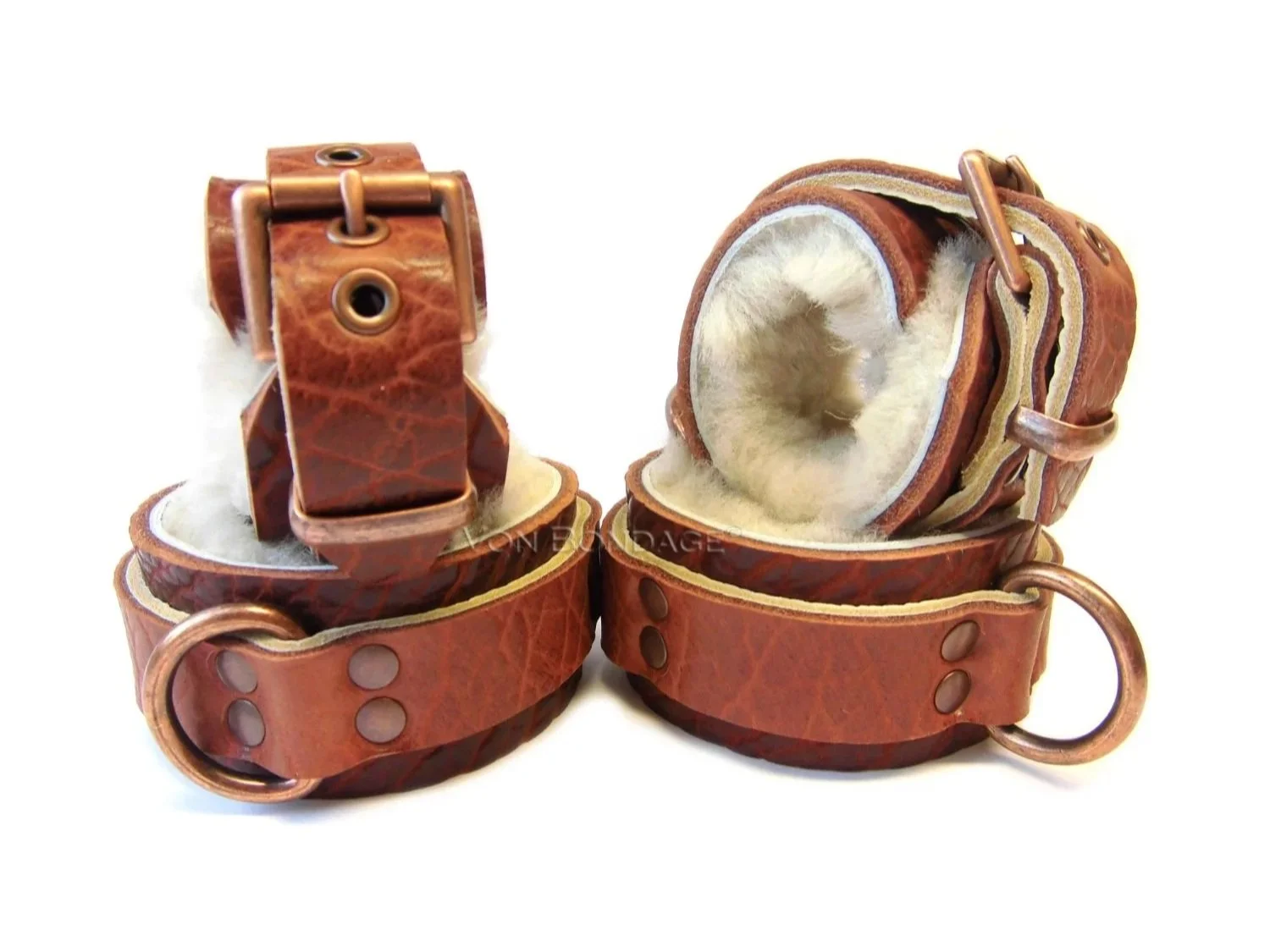 Brown Furry sheepskin BDSM Set with copper dee rings