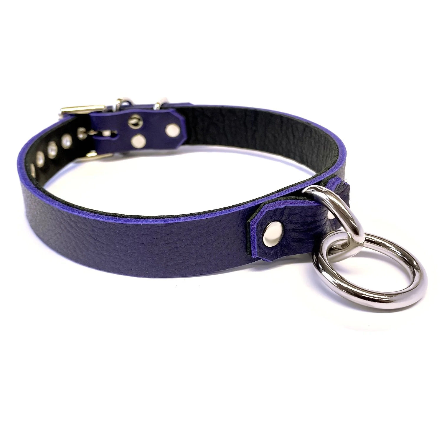 Indigo Leather BDSM Collar with Bondage Ring
