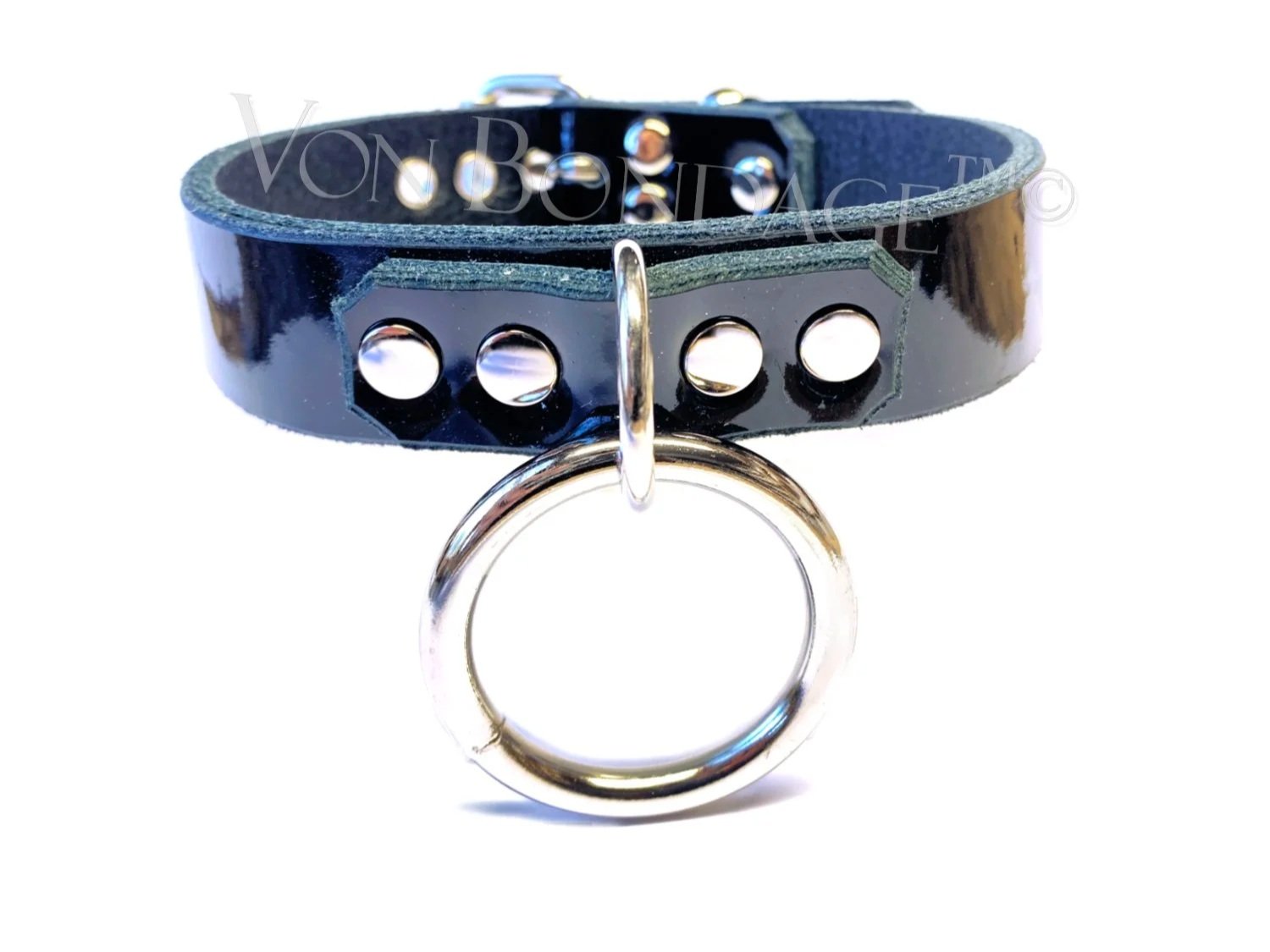 black patent leather bdsm collar with large o-ring