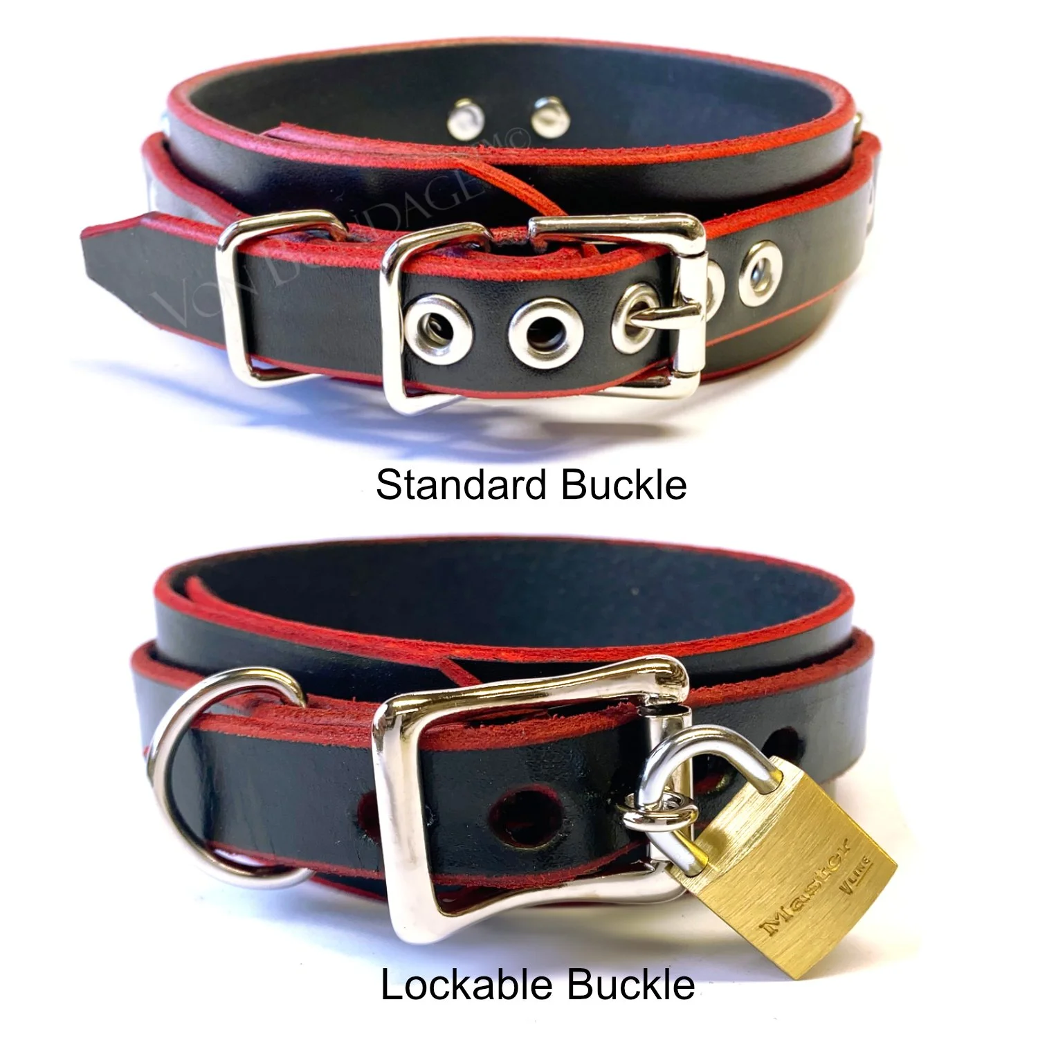 buckle options for red edged leather bdsm collar crafted by von bondage