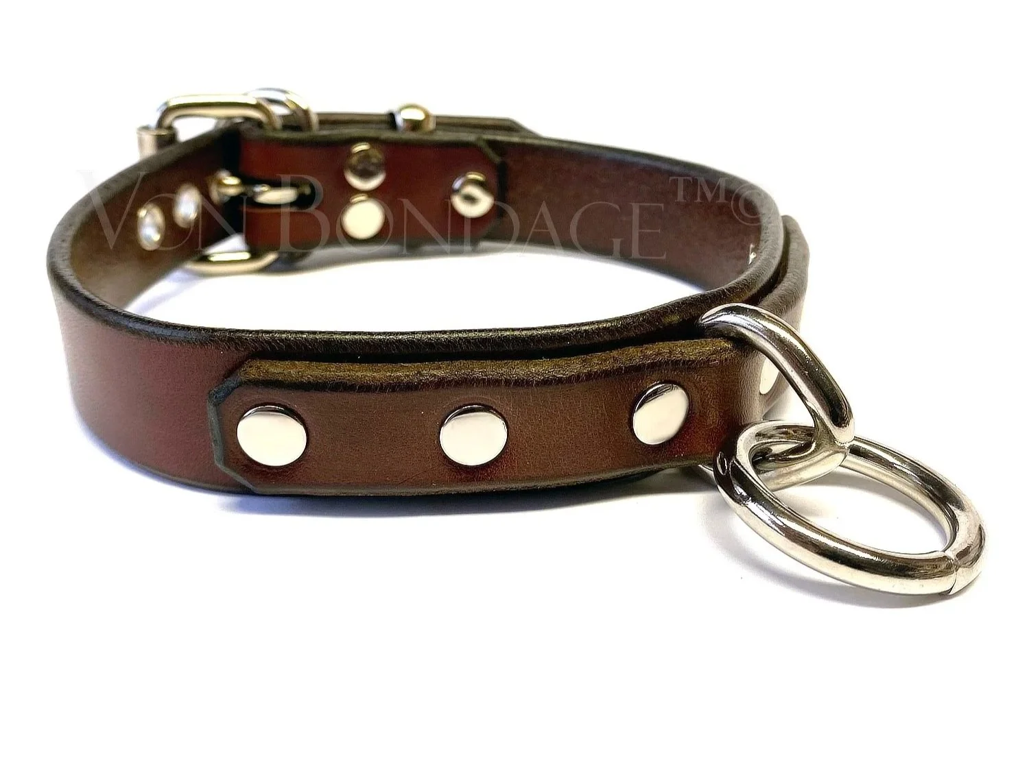 Brown Leather BDSM Collar | Bondage Ring on Long Strap
