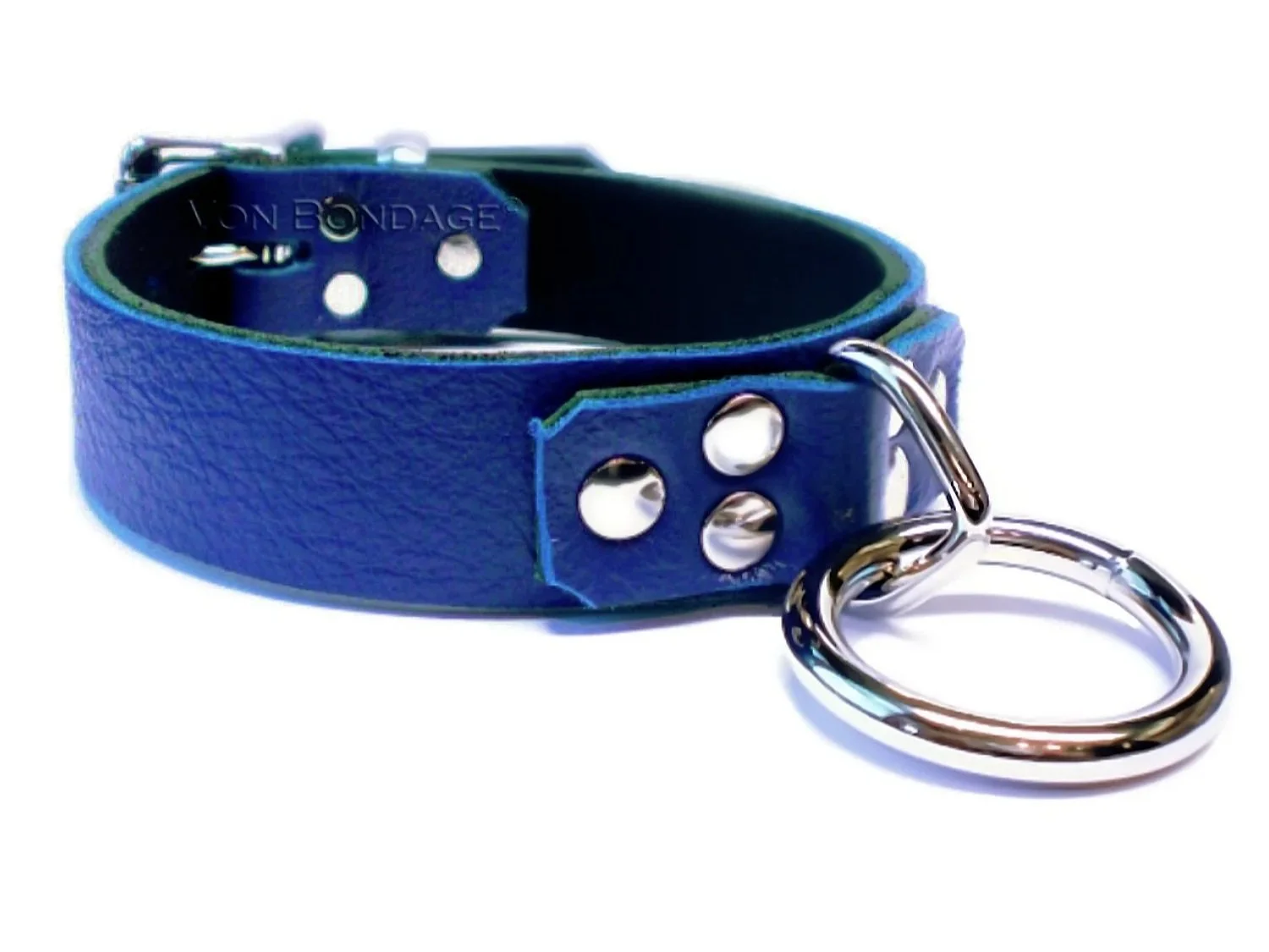 Blue Leather BDSM Collar with Strong Bondage Ring