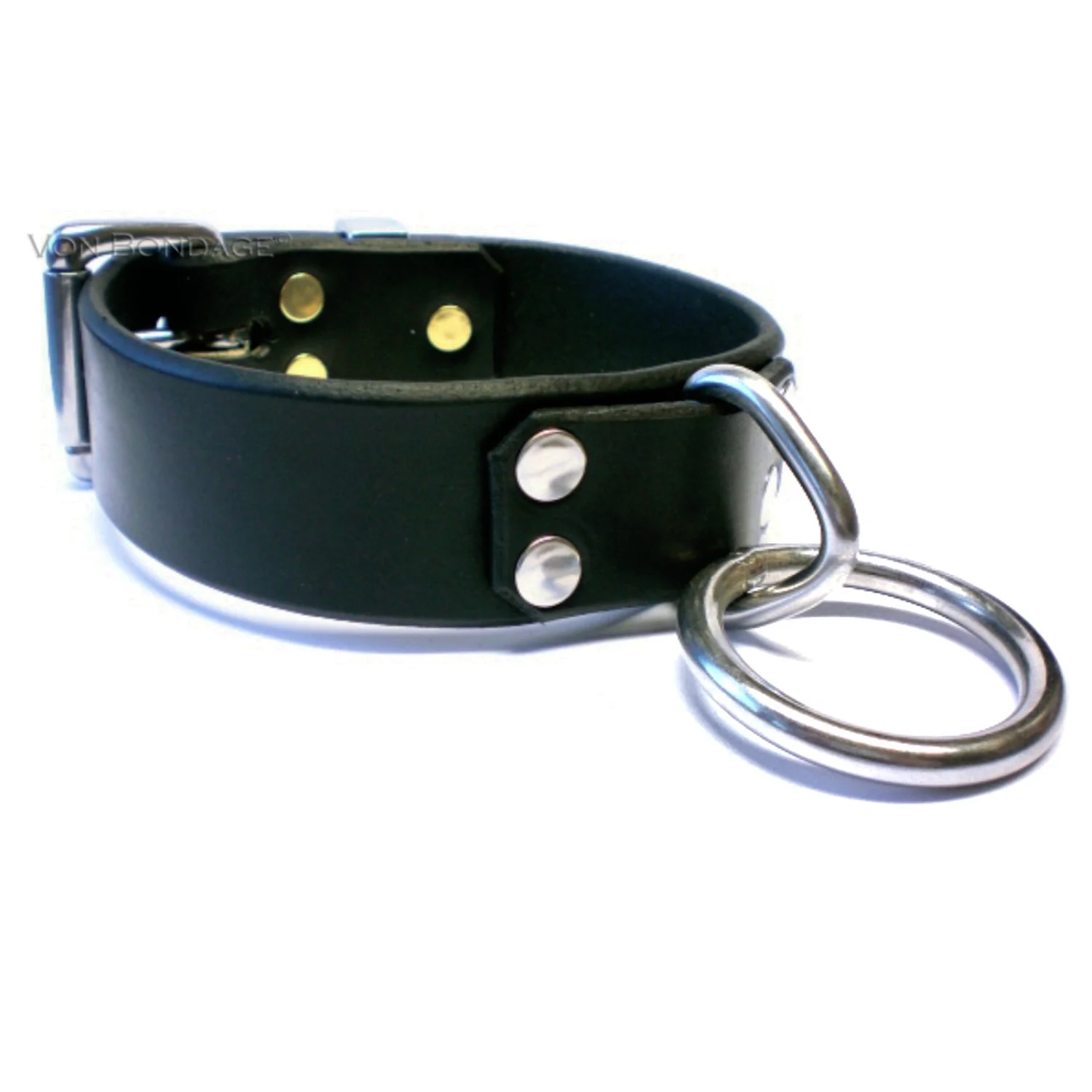 1.25 Black Leather Bondage Collar with Stainless Steel Bondage Ring.jpg