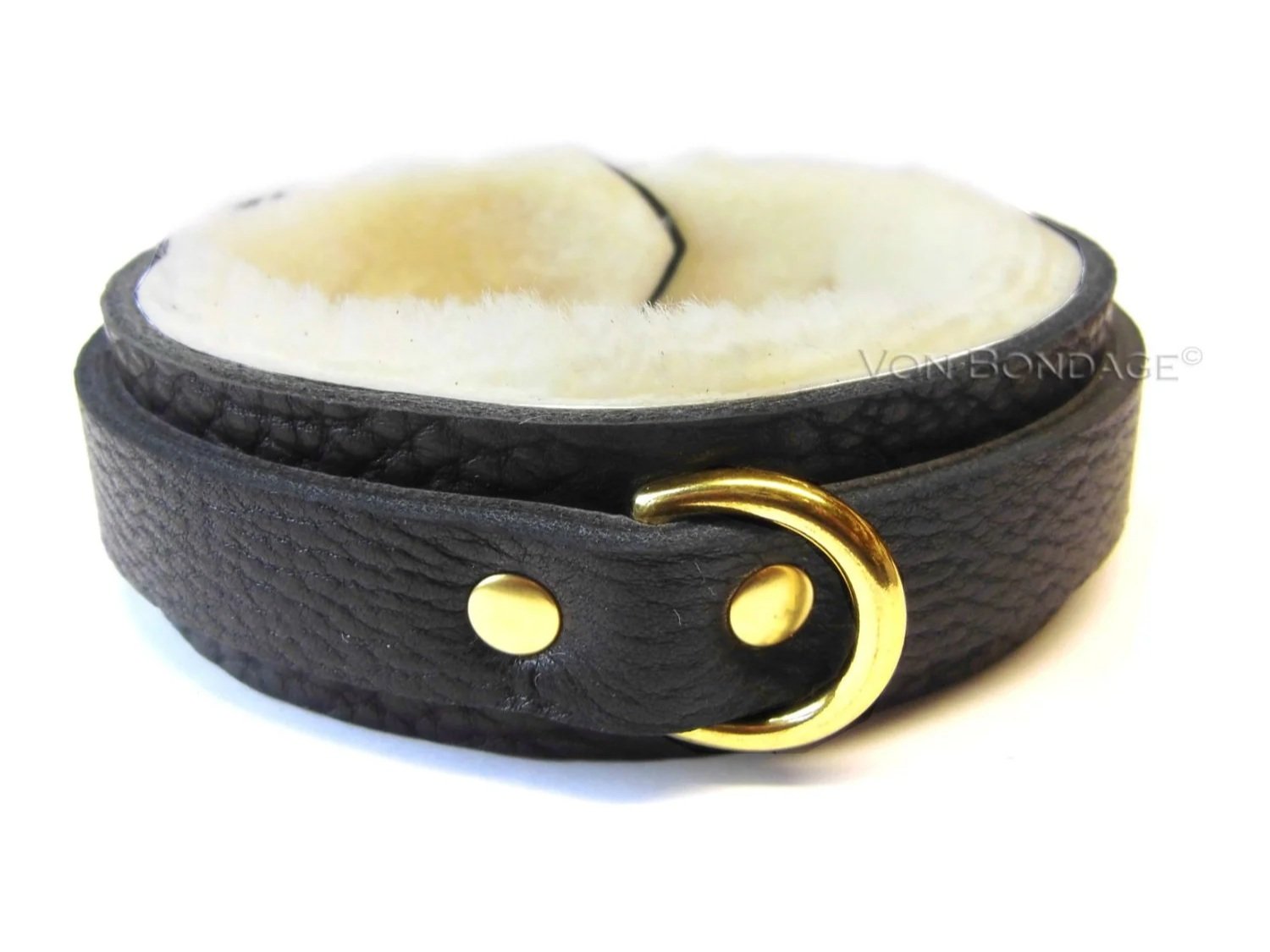 White Sheepskin Fur-lined slave Collar with Brass Dee Ring in black bullhide leather
