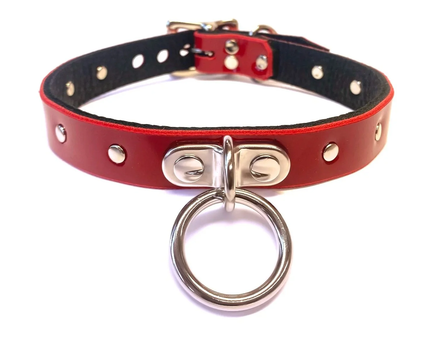 Red Patent Leather BDSM Collar with plated D&O Ring and rivet studs