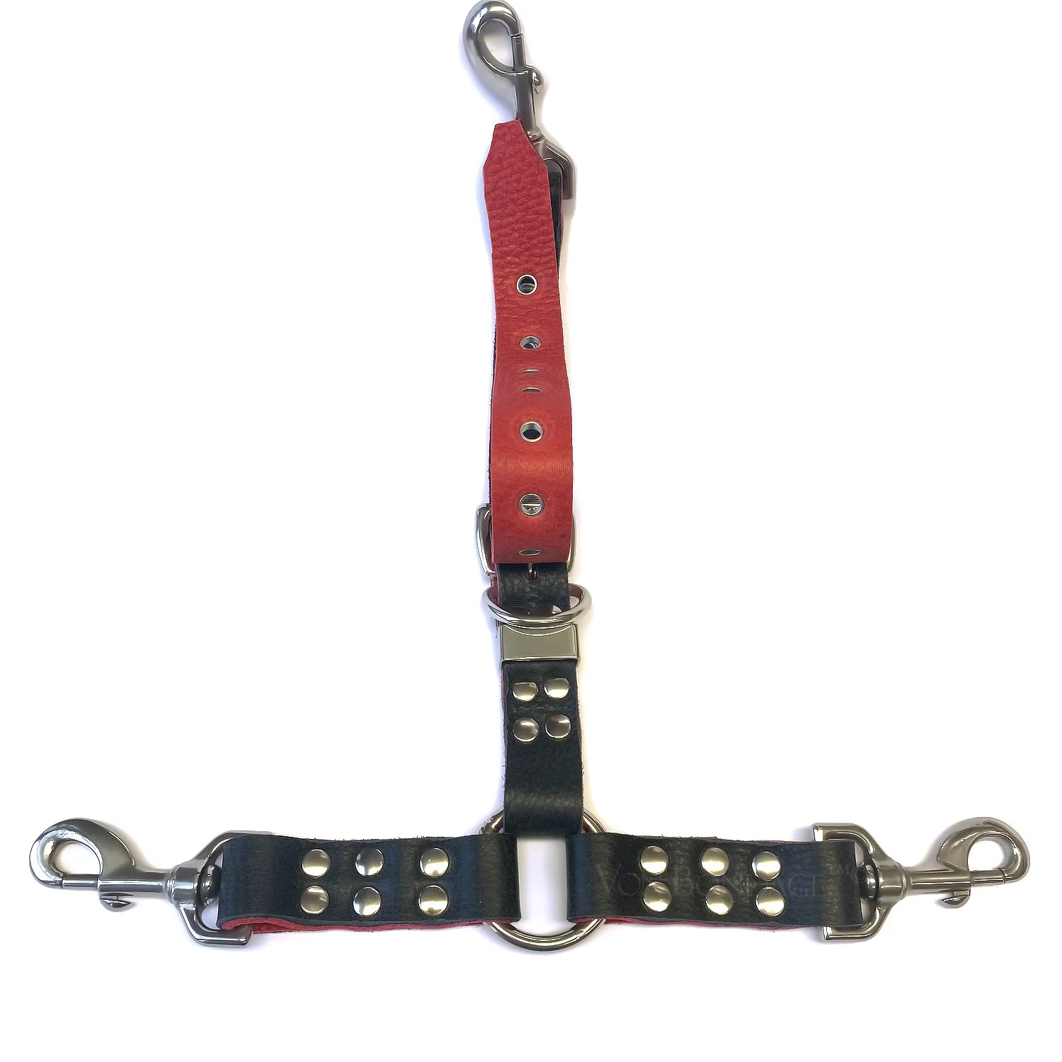 Adjustable Bison Red Bullhide 3-way Bondage Strap in Stainless Steel fastened up