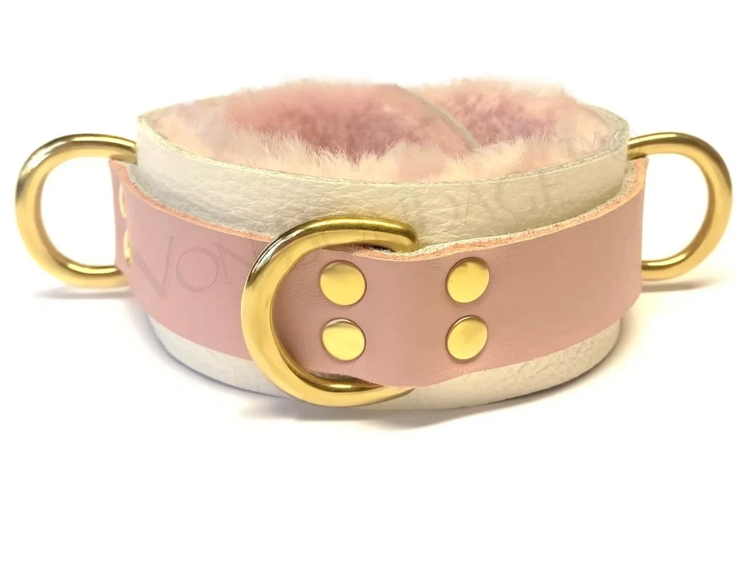 pink and white leather bdsm collar with pink sheepskin lining and 3 brass dee rings