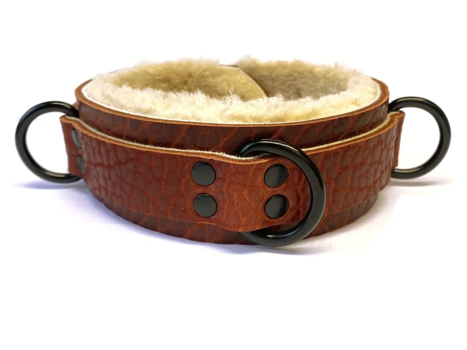 Brown Bison Leather BDSM Collar lined in Cream Sheepskin Fur with 3 Black D-rings