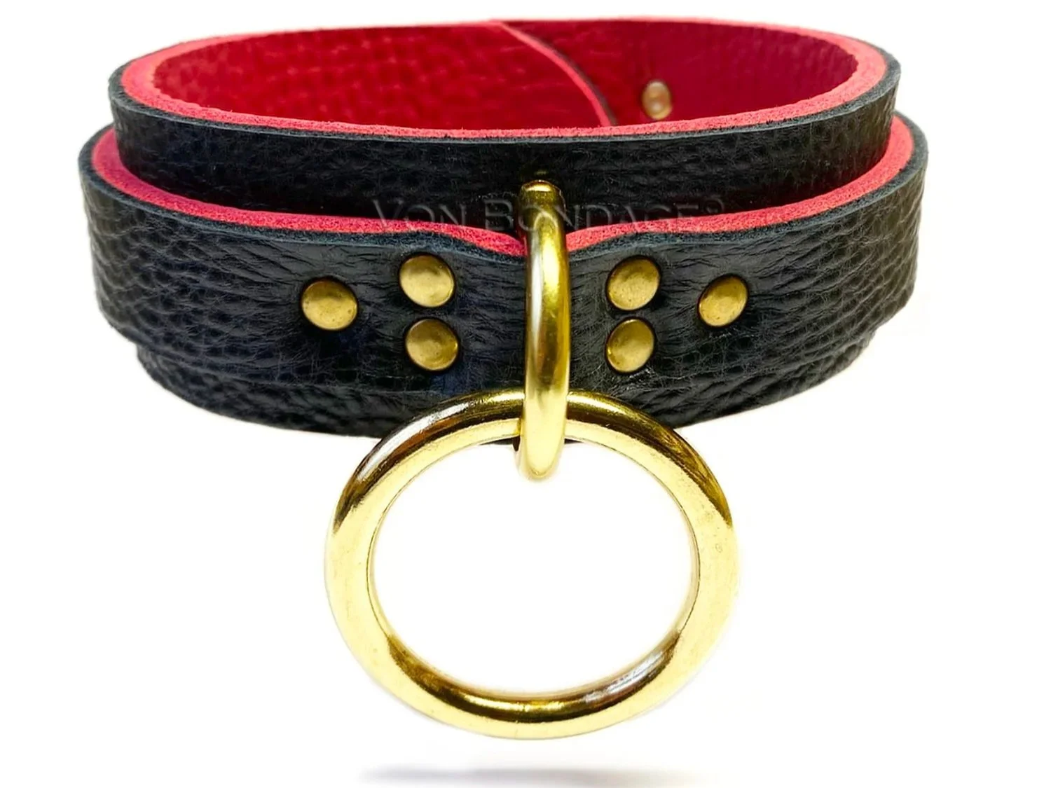 Bison Leather BDSM Collar with Brass O-Ring lined in red bullhide