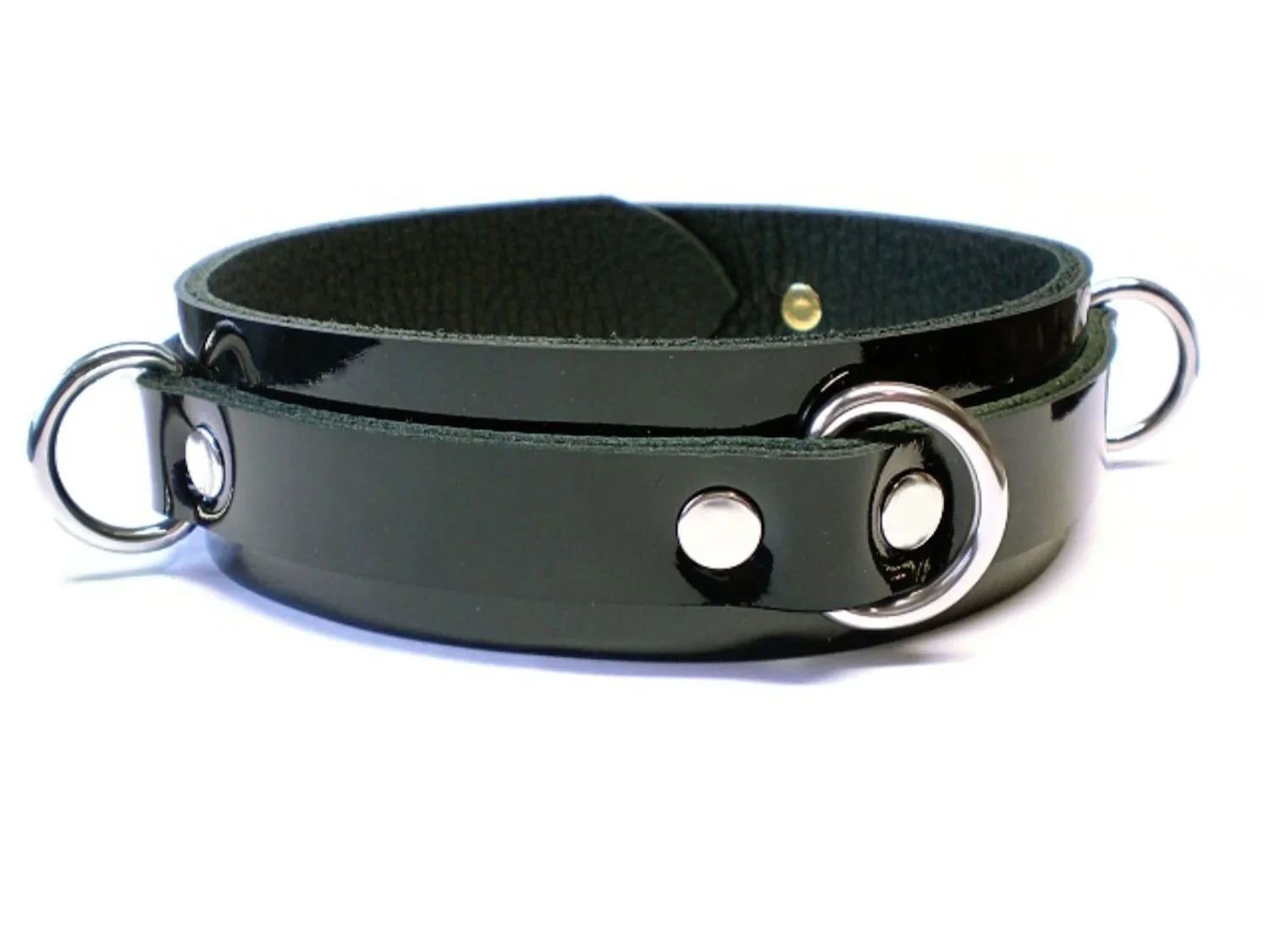 Black patent leather slave collar with 3 stainless steel dee rings