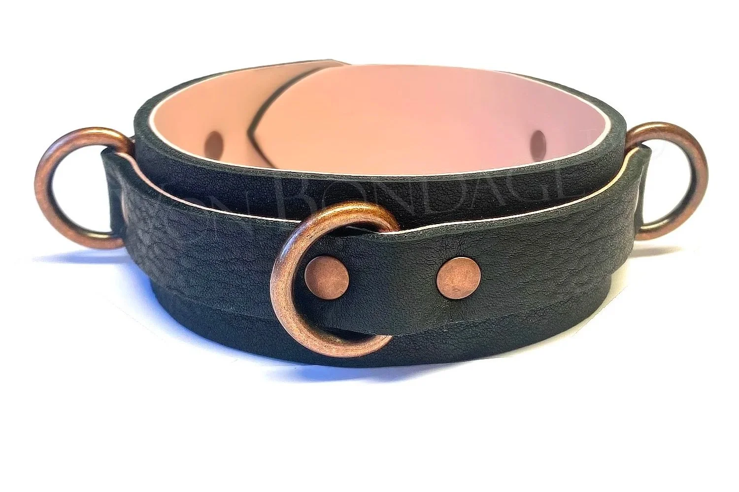 black bullhide leather bdsm collar with 3 copper d-rings lined in pink lambskin