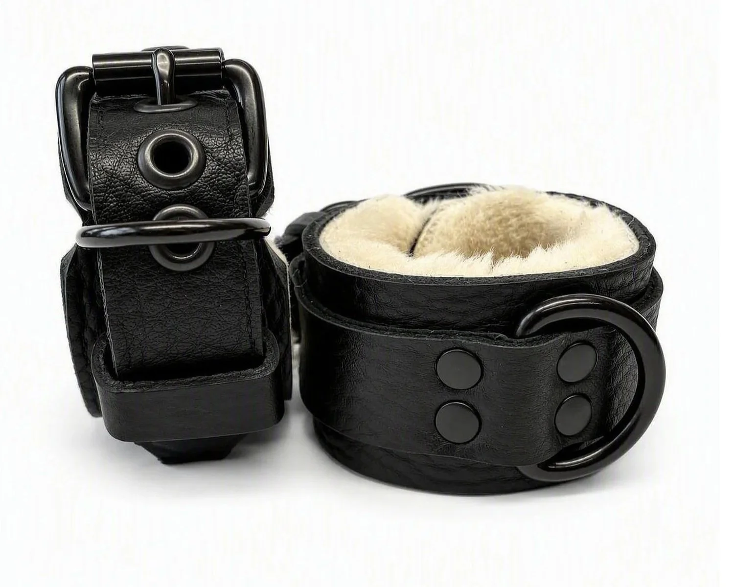 Black Leather & White Sheepskin Fur BDSM Cuffs Black D-Rings