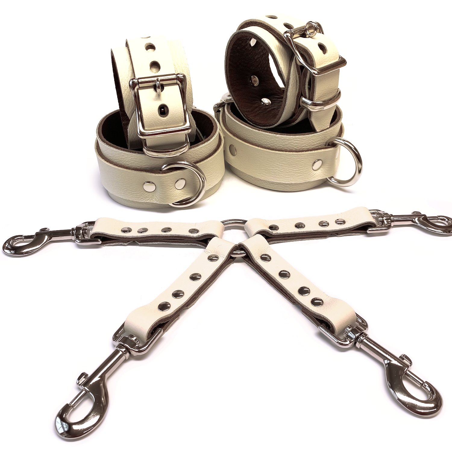 White Leather BDSM Restraints Set with 4-way Hogtie