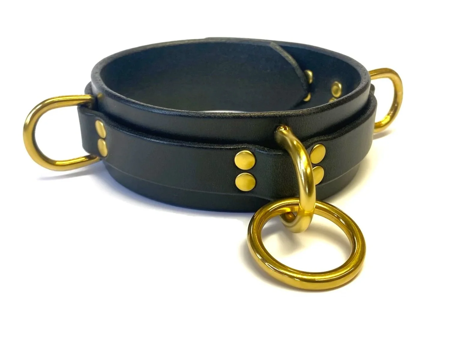 Black Latigo Leather Bondage Collar with Brass D-rings and O-ring dbl rivets