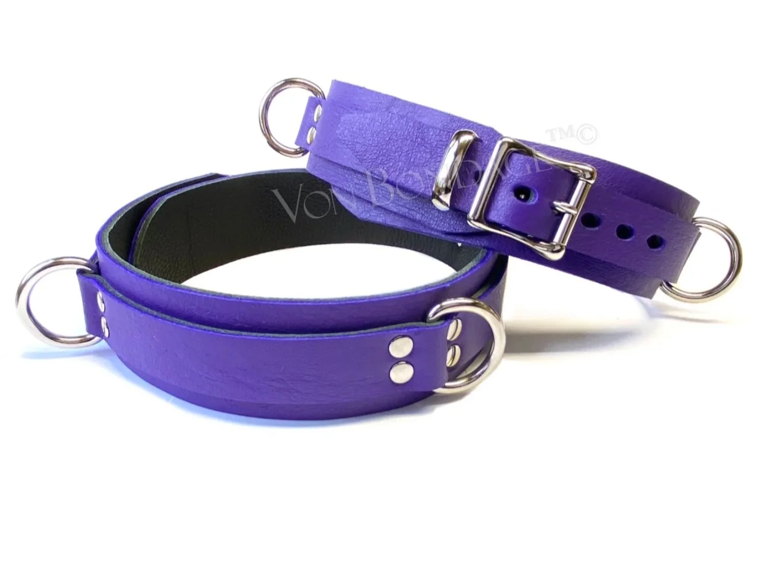 Purple Leather Thigh Cuffs with 3 D-rings per cuff