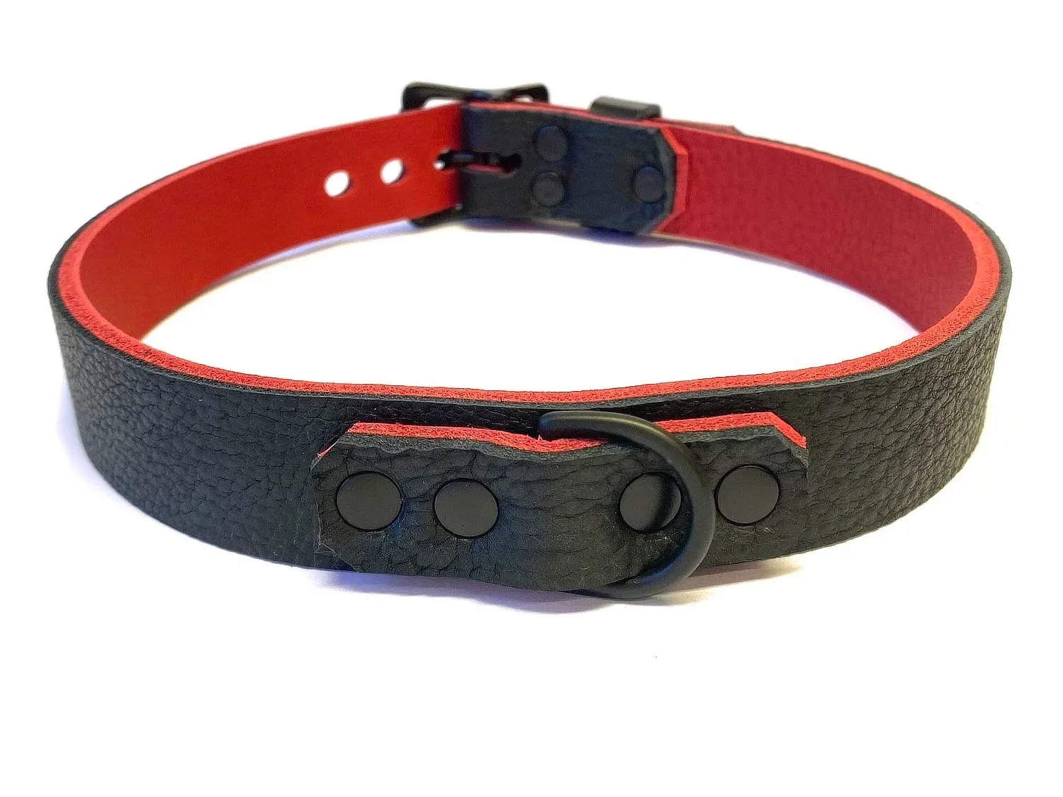 Black Bison & Red Leather bdsm collar with small black d-ring