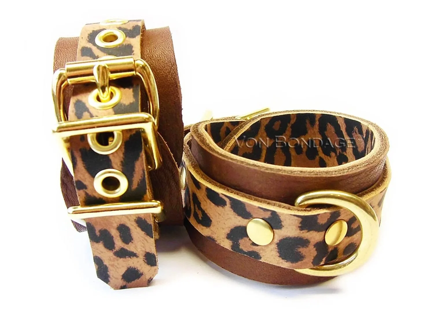 Leopard & Brown Leather Restraints with small brass d-rings