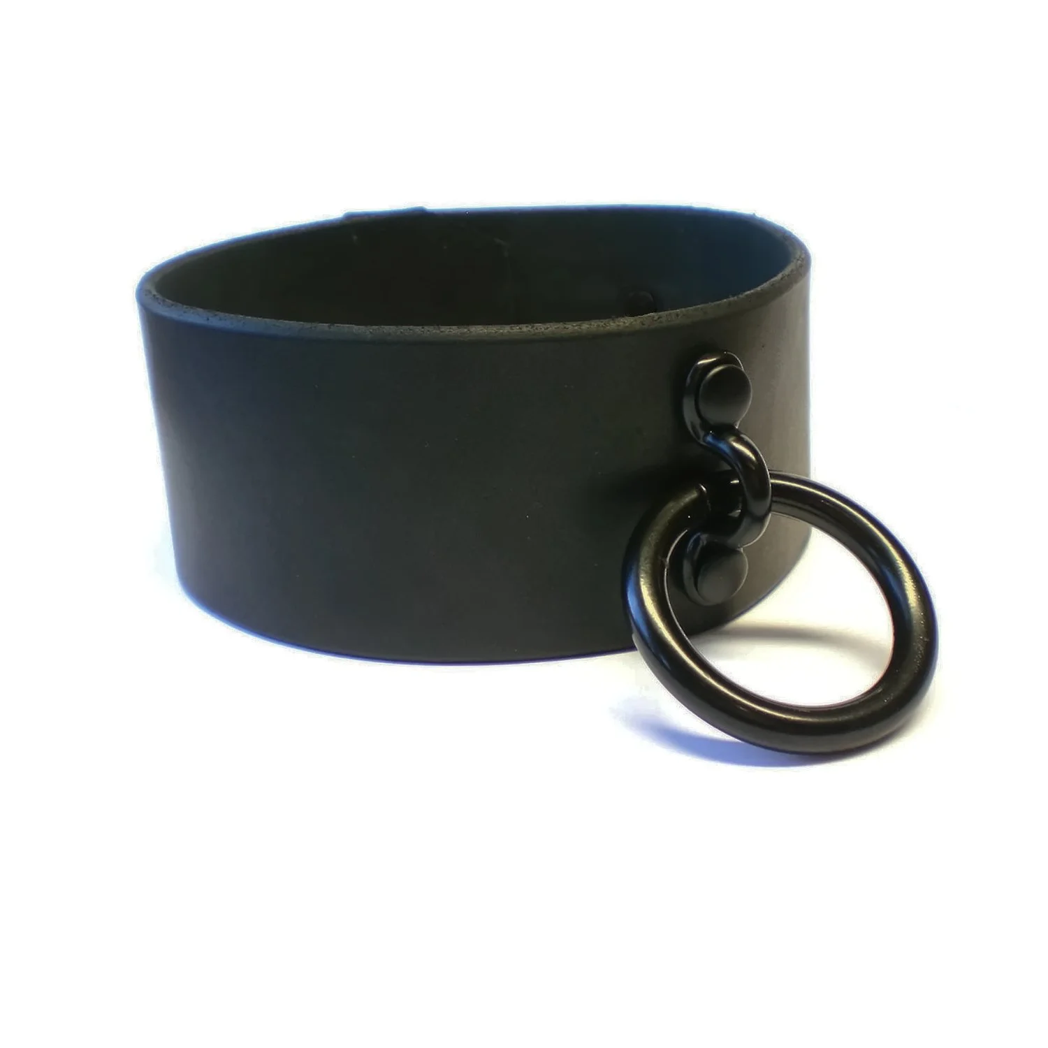 Black Leather Tall Bondage collar with medium black ring
